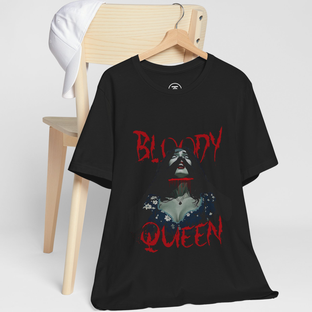 Gothic Horror T-shirt with bold red text "BLOODY QUEEN" and dark floral pattern.