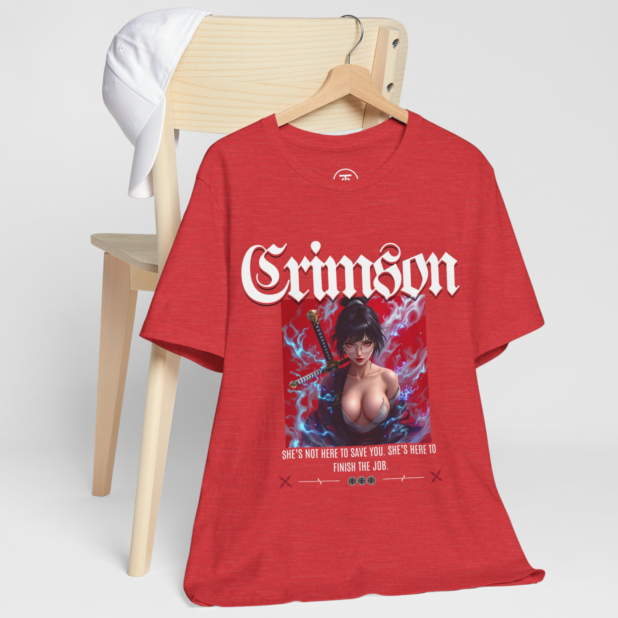 Dark gothic anime t-shirt with sexy warrior girl and fiery red aura design