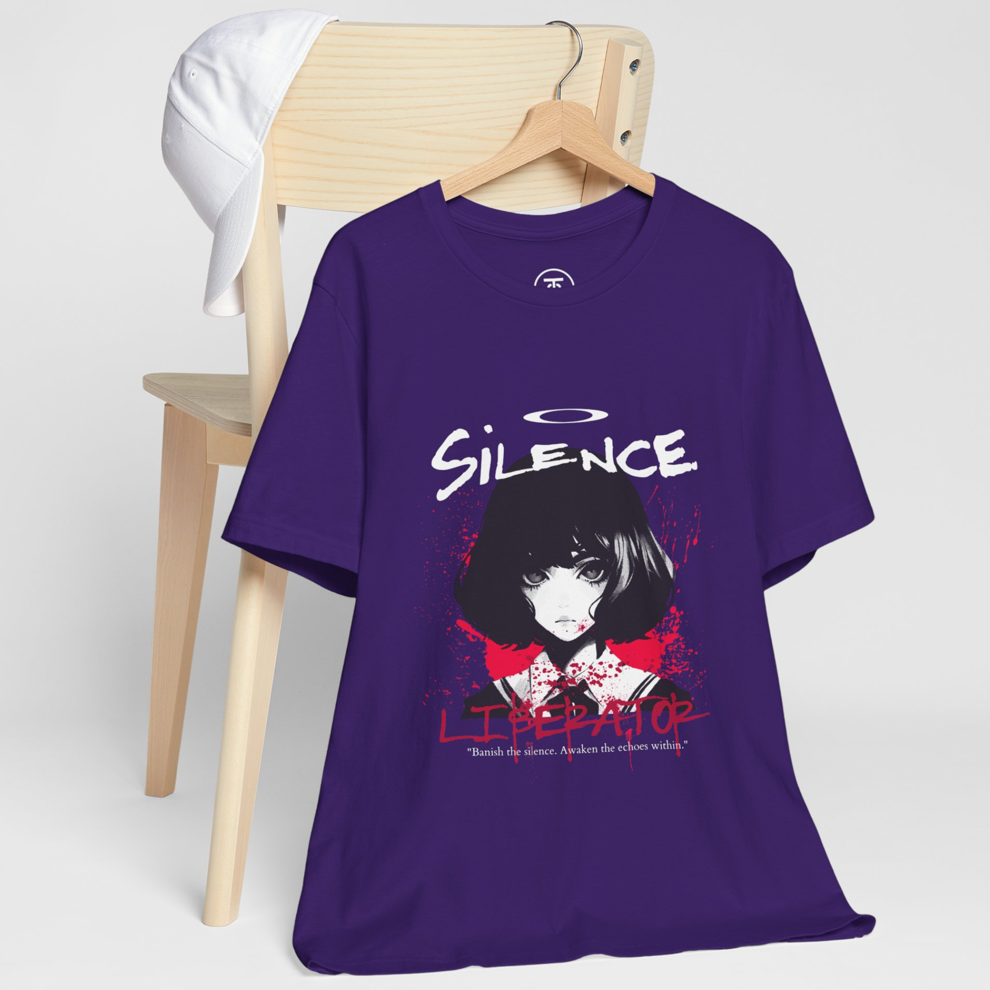 A vintage Dark Academia shirt with Silent Liberator Manga-style artwork hangs on a chair.