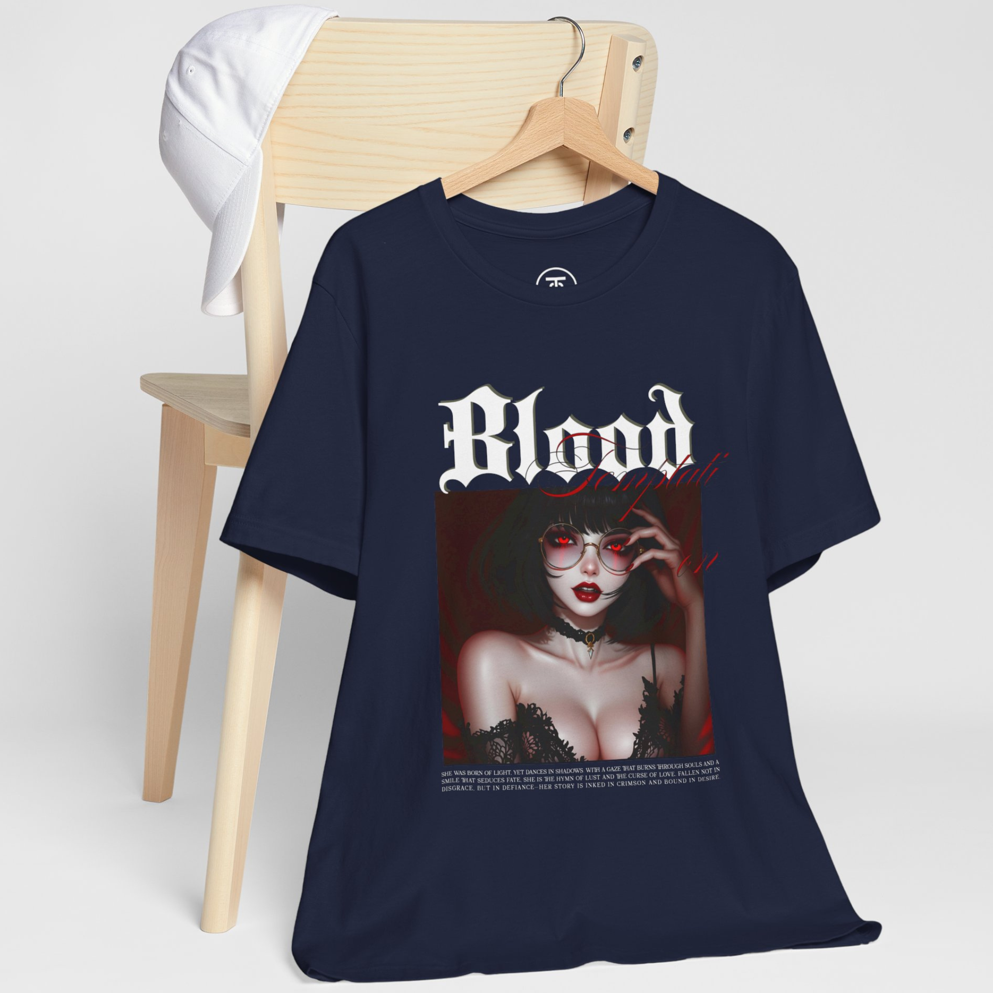 High-quality print of Blood Captivate Dark Aesthetic graphic on a black t-shirt.