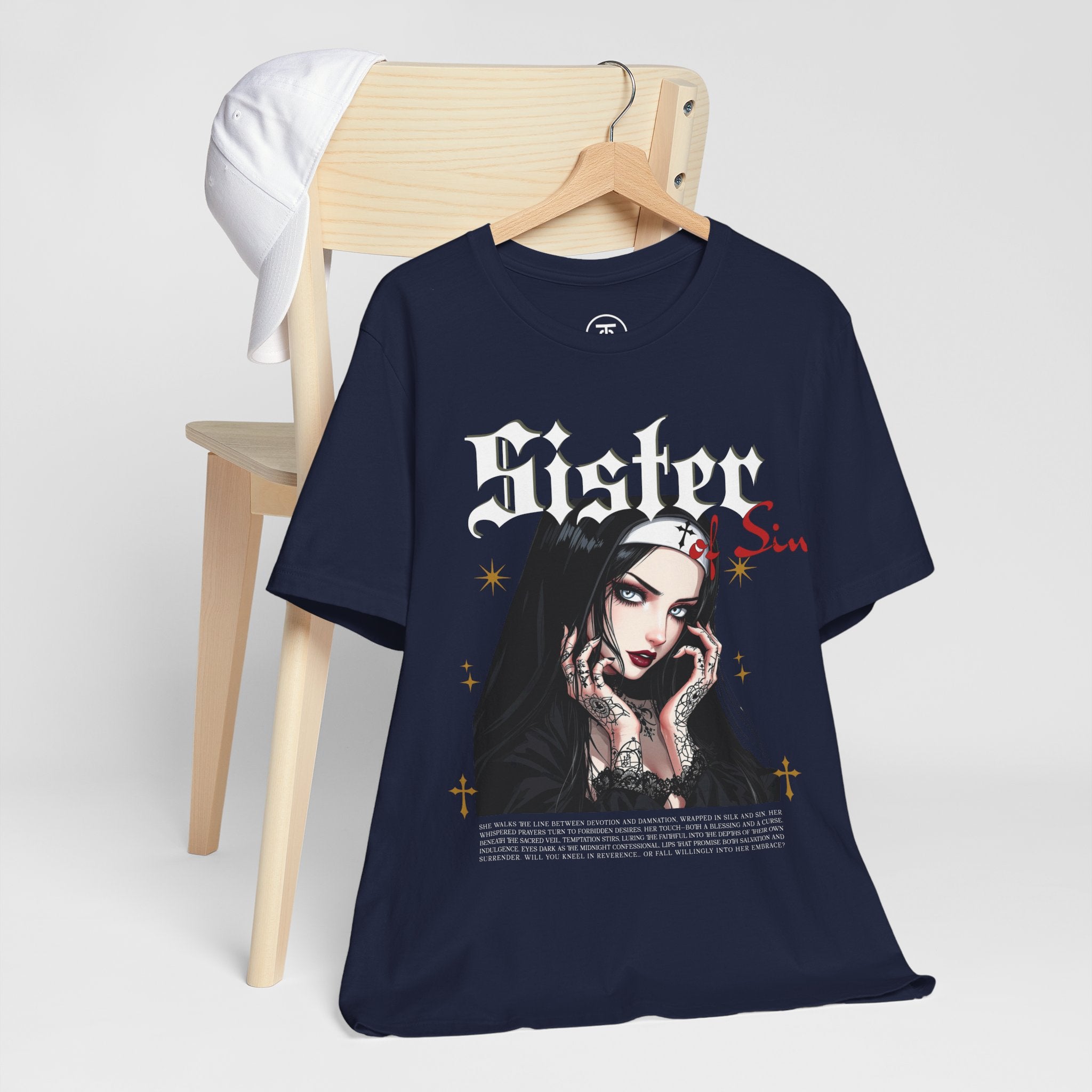 High-quality print on a black tee featuring a rebellious nun portrait in a dark fantasy style.