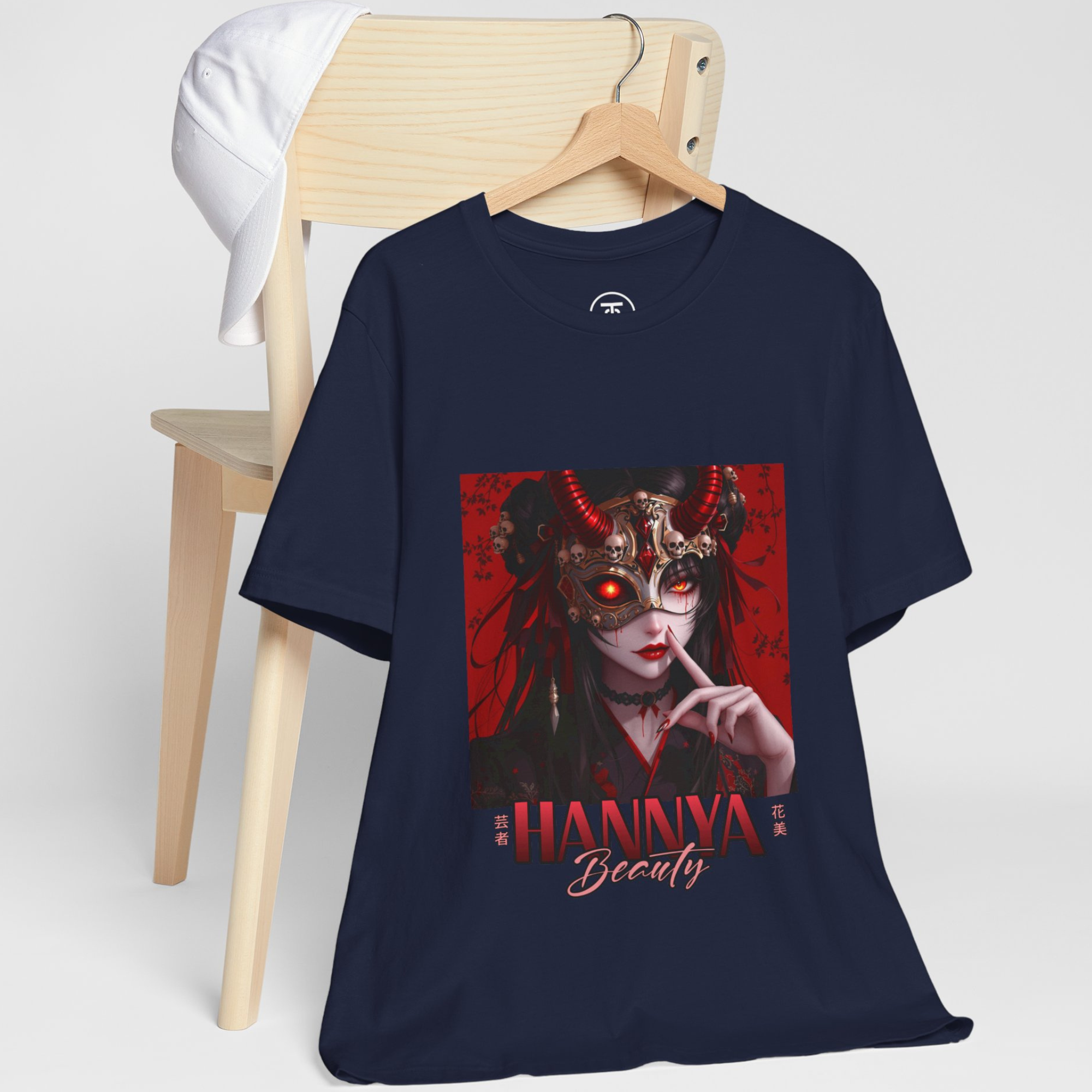 Goth Fashion T-shirt Hannya mask girl with red lips and black choker.