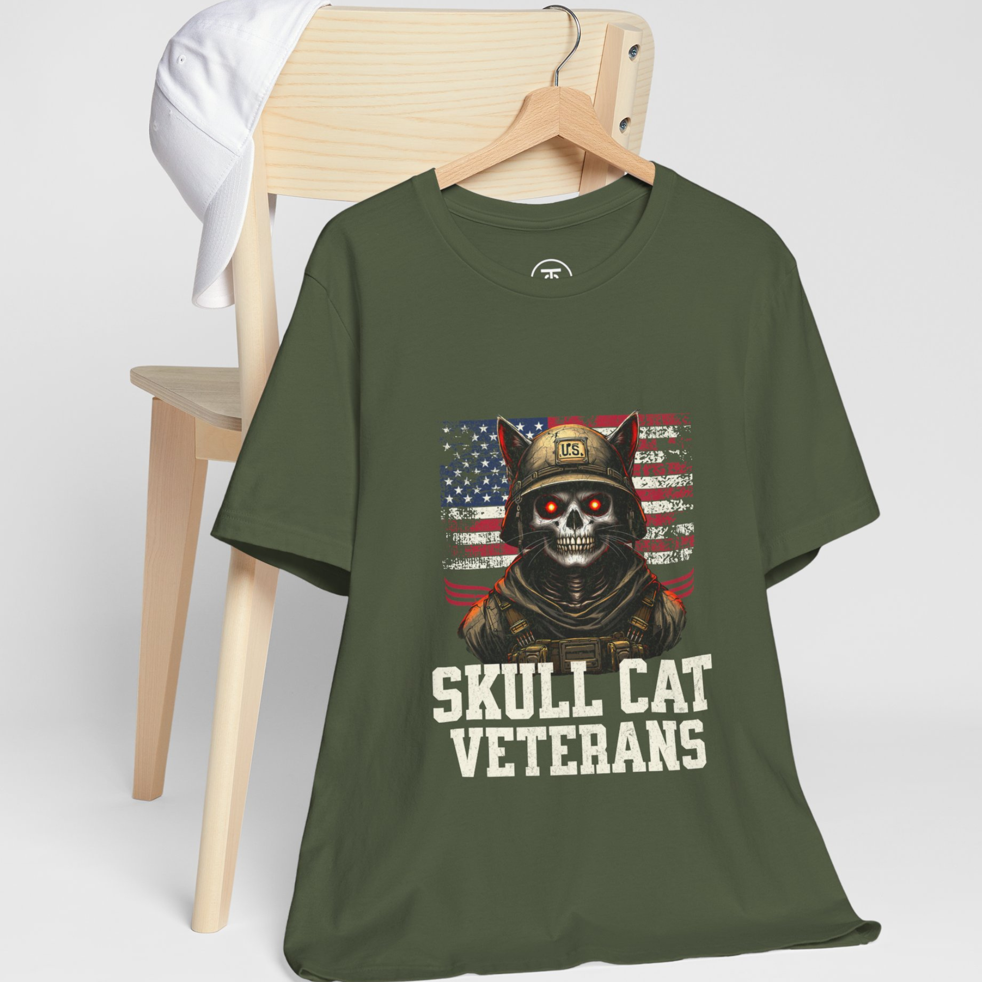 "Alternative gothic Skull Cat Veterans tee featuring cat skull soldier artwork – premium Bella+Canvas 3001 unisex fit shirt."