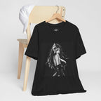 Alternative fashion graphic tee showing a powerful gothic woman with Oni mask, designed for dark manga and anime art lovers.