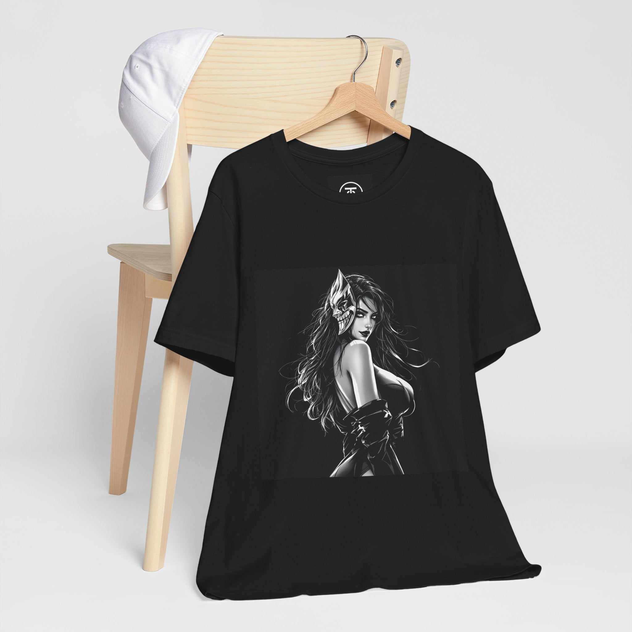 Alternative fashion graphic tee showing a powerful gothic woman with Oni mask, designed for dark manga and anime art lovers.