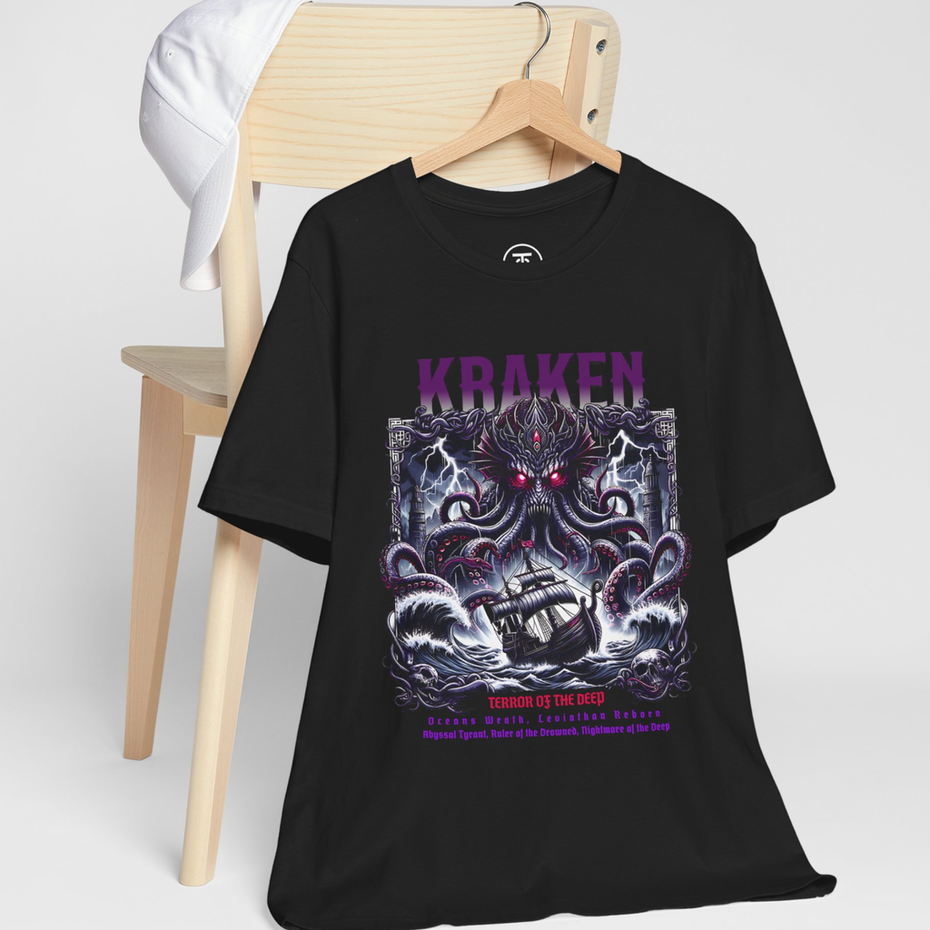 Gothic Streetwear shirt featuring a large octopus or squid monster from the ocean deep.
