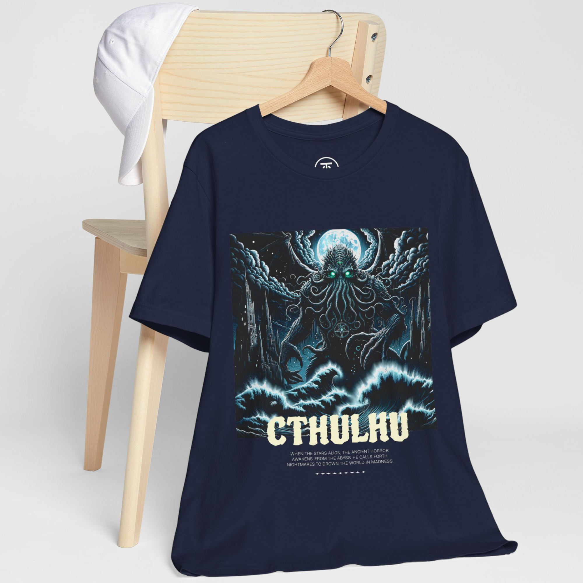 "Dark streetwear oversized t-shirt with occult Cthulhu design, styled for horror fashion enthusiasts"