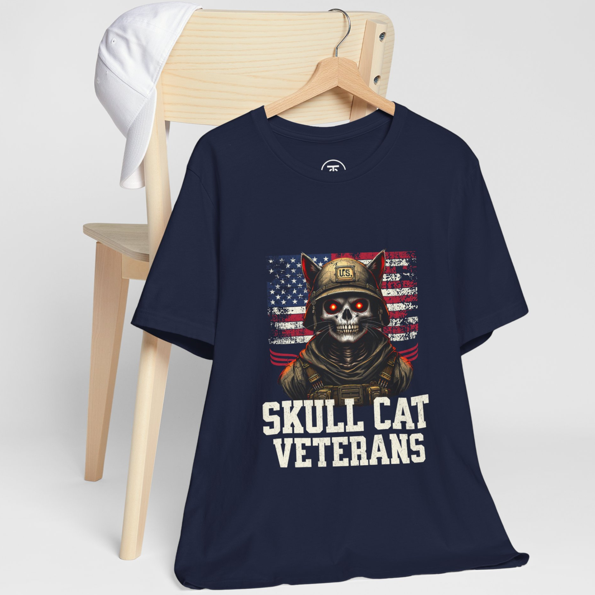"Patriotic Skull Cat Veterans t-shirt for men and women – skull cat soldier with U.S. flag, perfect for military and gothic apparel fans."