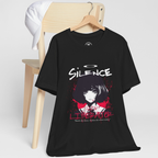 Otaku Streetwear apparel: Unisex "Silence Liberator" tee, hangs on a chair ideal for aesthetic gothic fashion