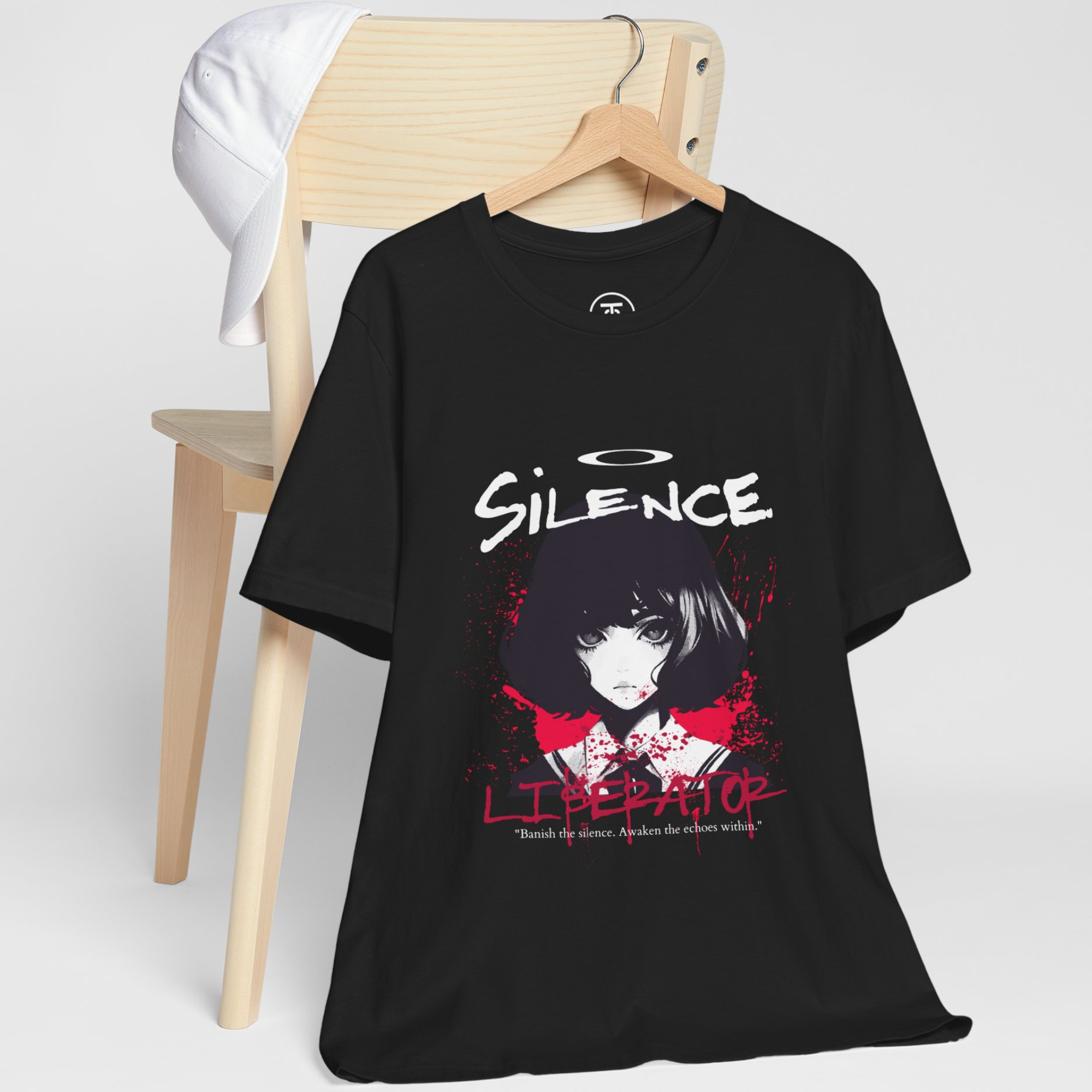 Otaku Streetwear apparel: Unisex "Silence Liberator" tee, hangs on a chair ideal for aesthetic gothic fashion