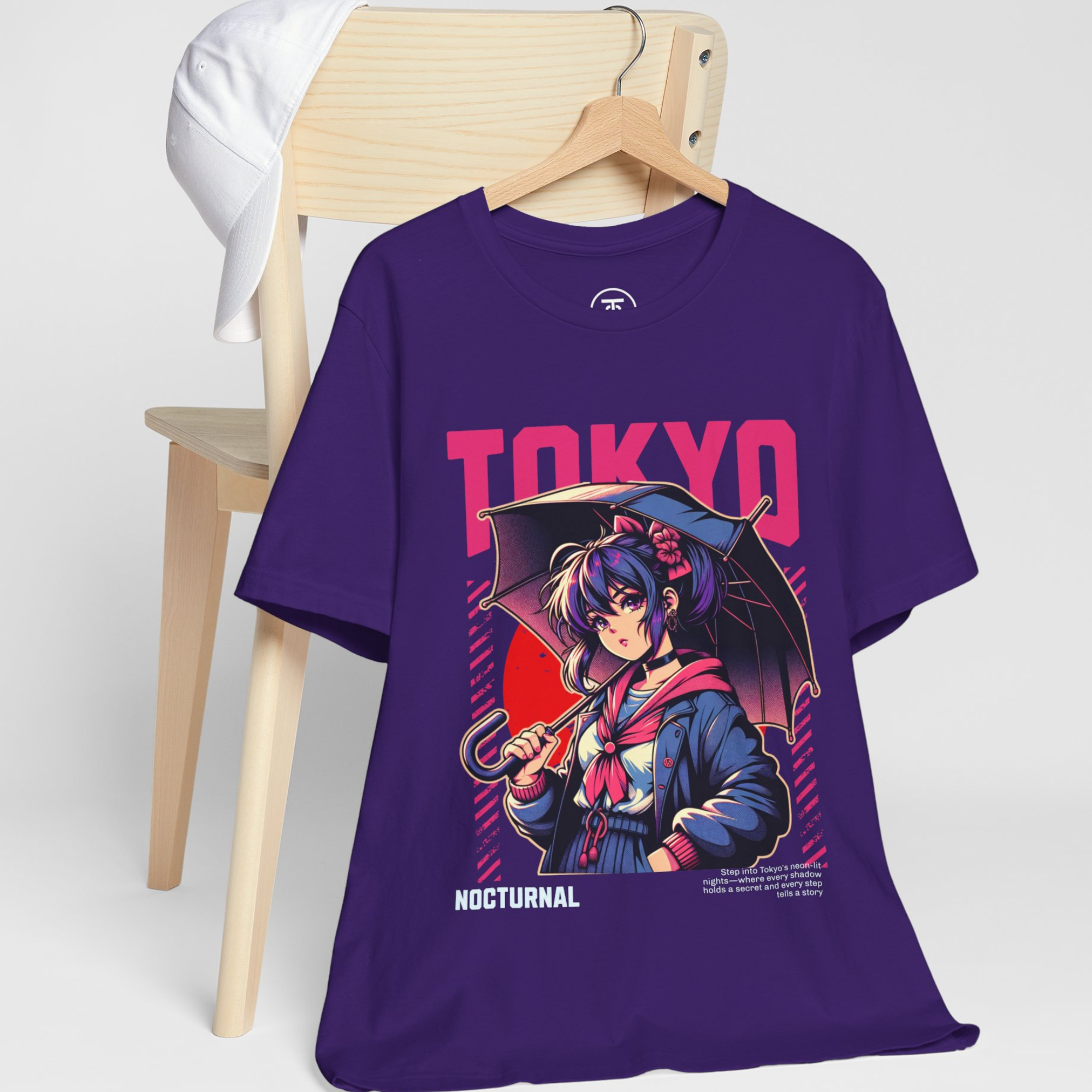 "Stylish black t-shirt featuring neon anime artwork, Tokyo city inspired fashion"