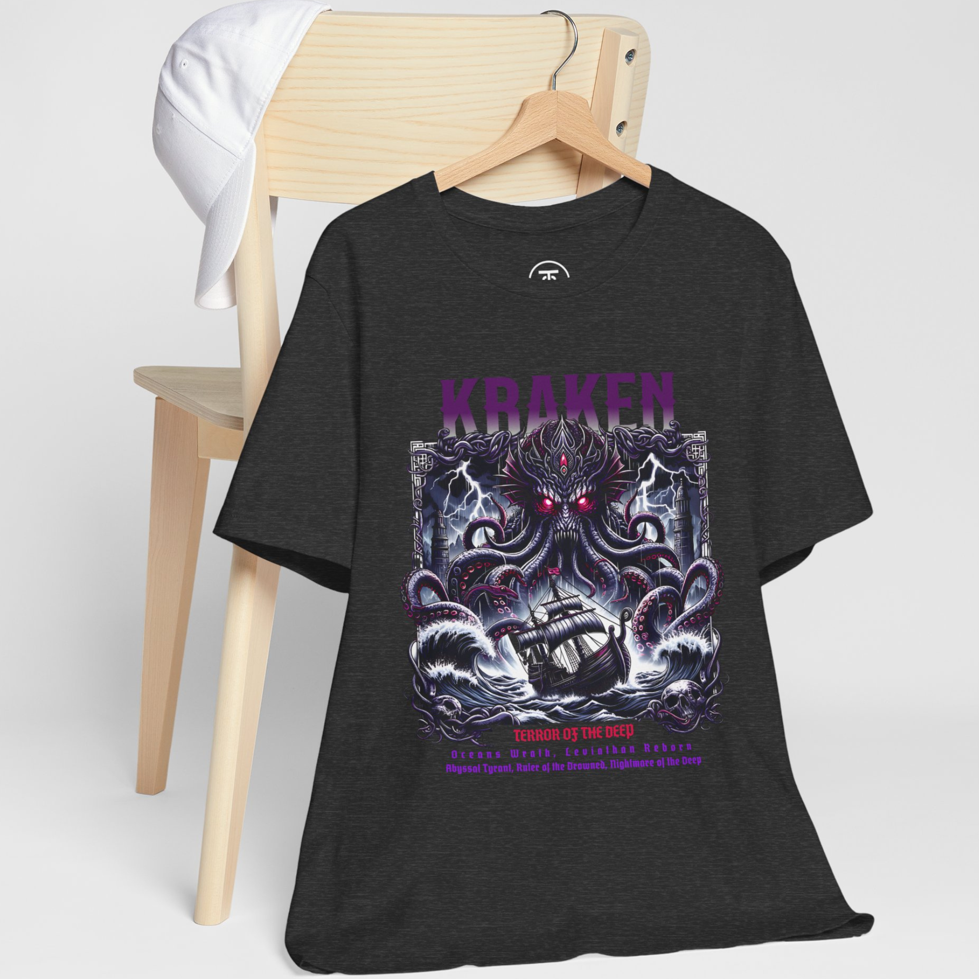 High-quality print of Abyssal Tyrant Kraken on a black background tee.