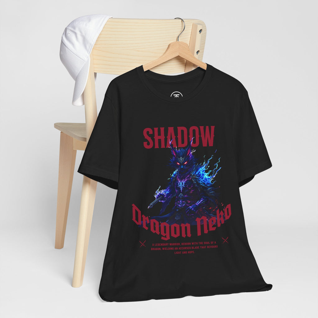 High-quality print on a white tee featuring a Shadow Dragon Neko with a dark and vibrant design.
