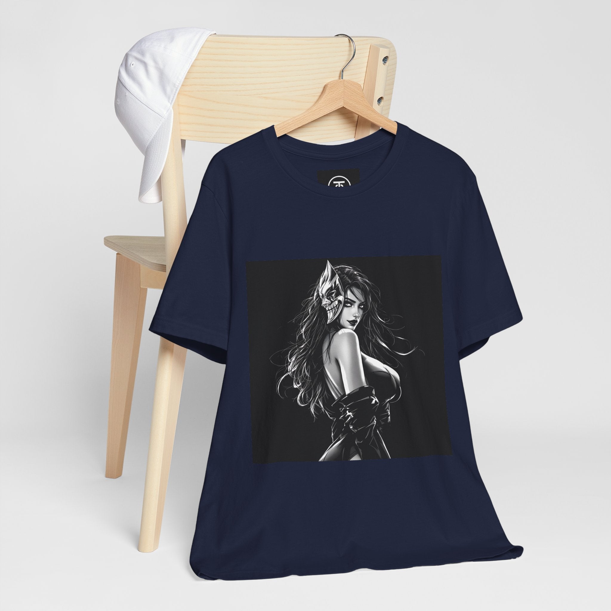 Stylish black t-shirt featuring a seductive anime girl and demon mask illustration, symbolizing Japanese gothic beauty.
