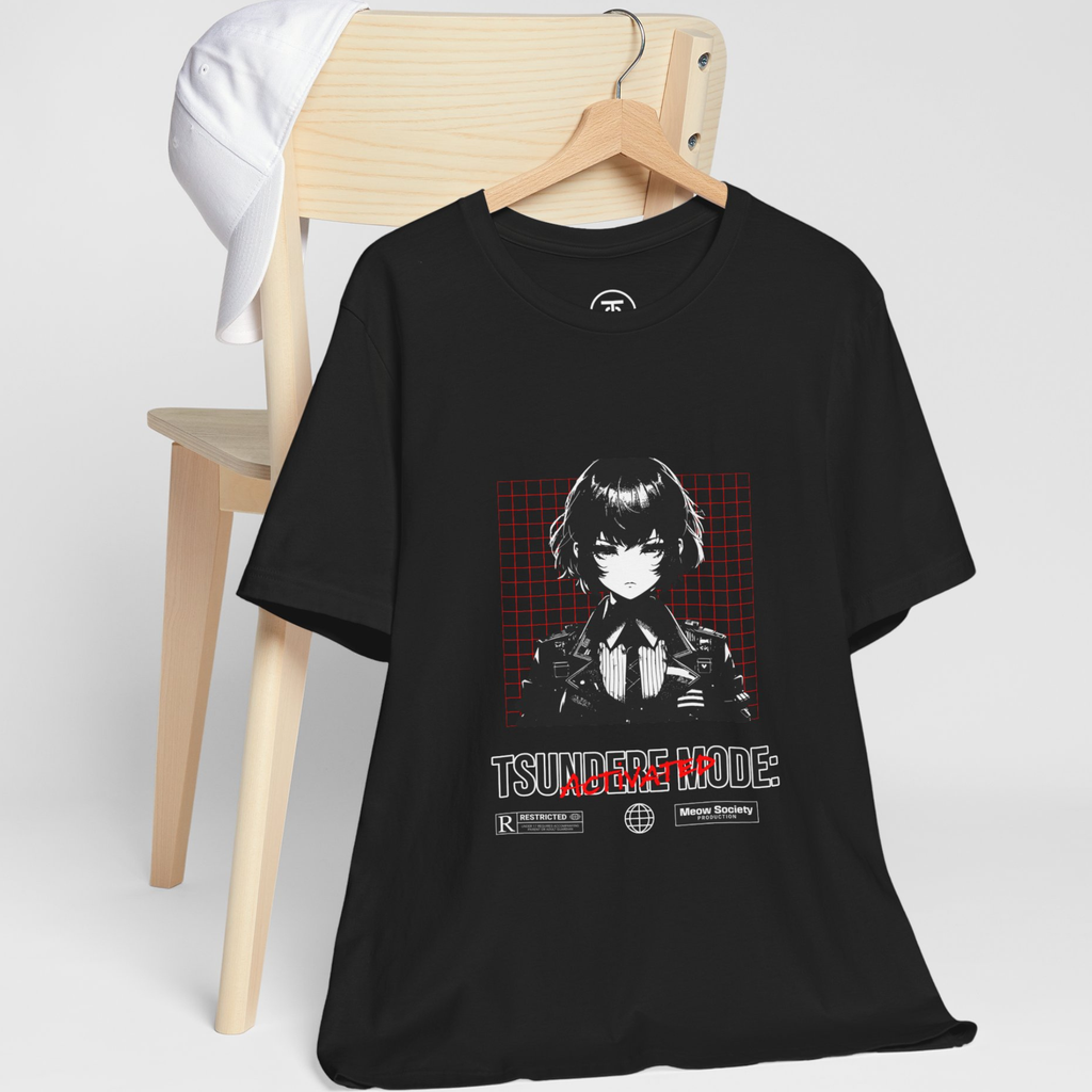 Gothic Streetwear T-shirt with Tsundere Mode slogan and a monochromatic character portrait.