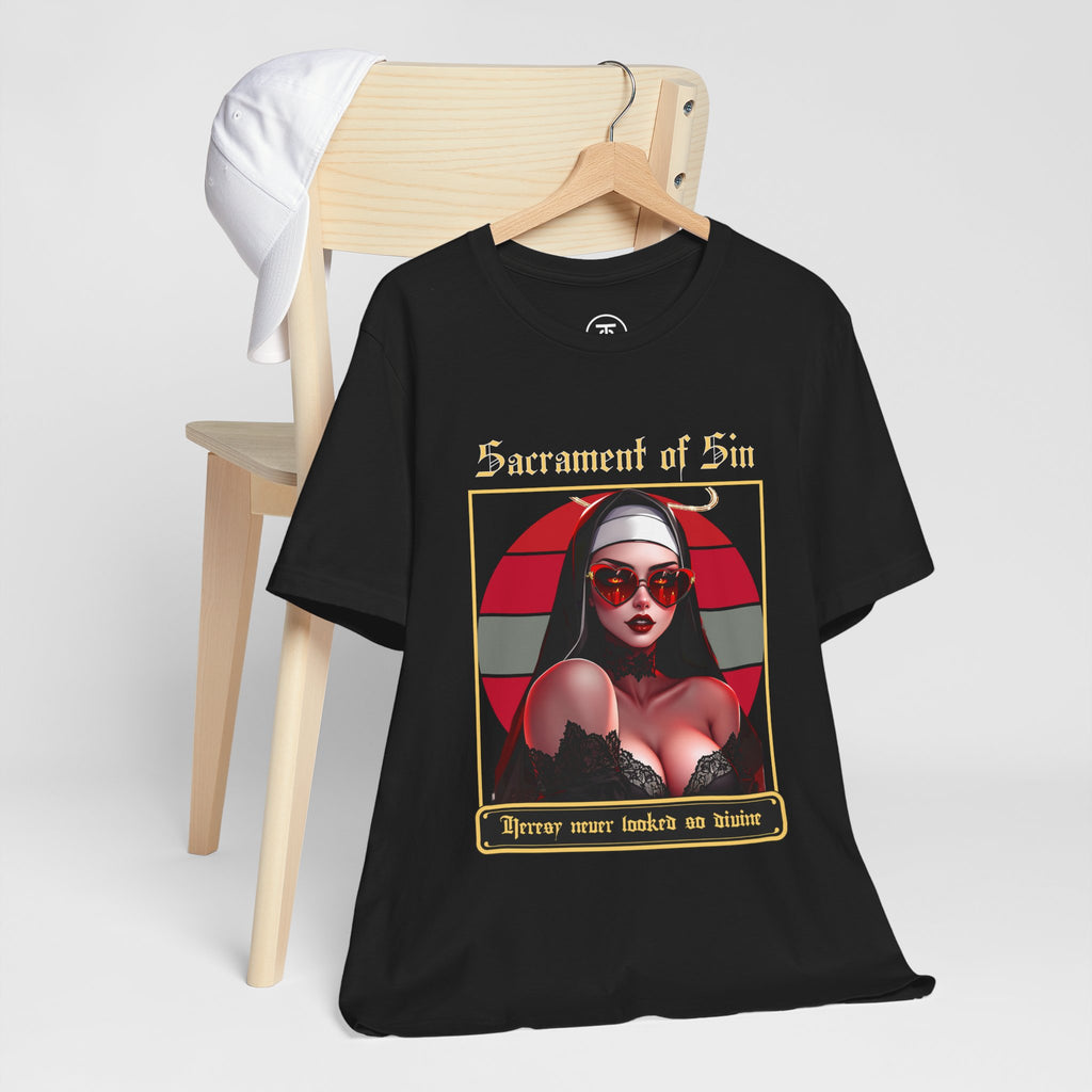 High-quality print of a black T-shirt featuring a Vampire Nun with heart sunglasses and a red color pop.