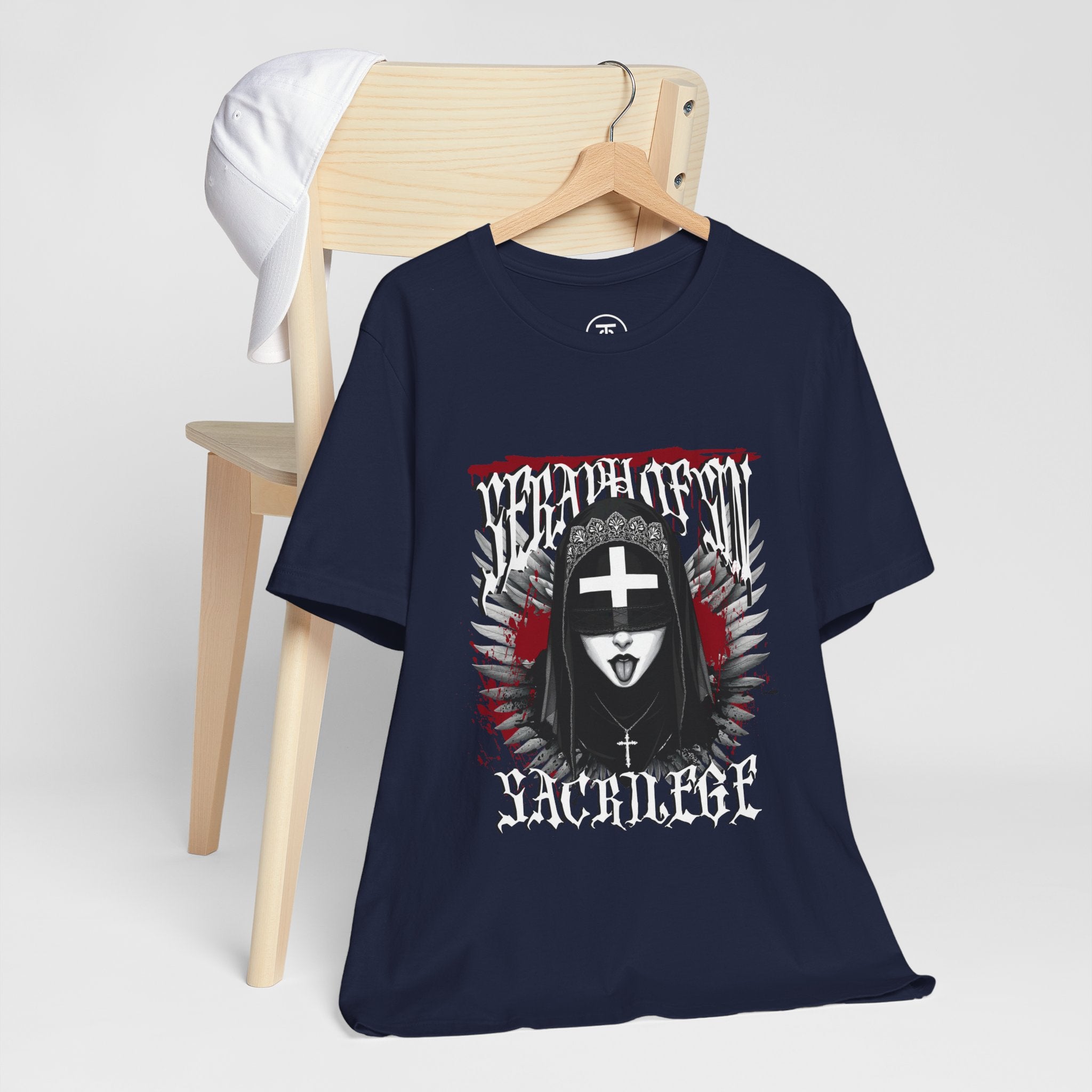 Gothic Streetwear T-shirt with angel wings graphic behind the provocative nun portrait.