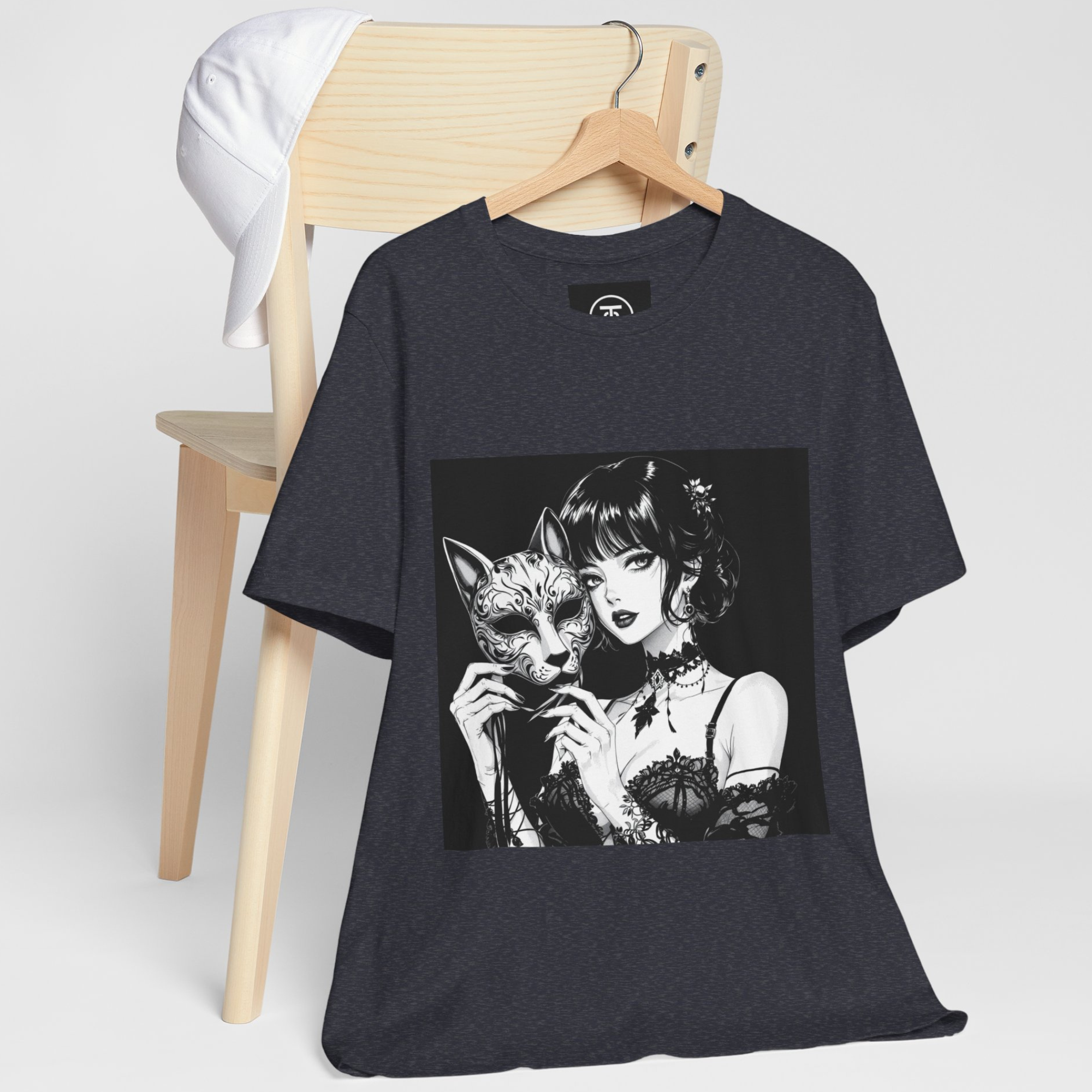 Gothic Streetwear apparel featuring a detailed Cat Mask and elegant anime girl portrait.