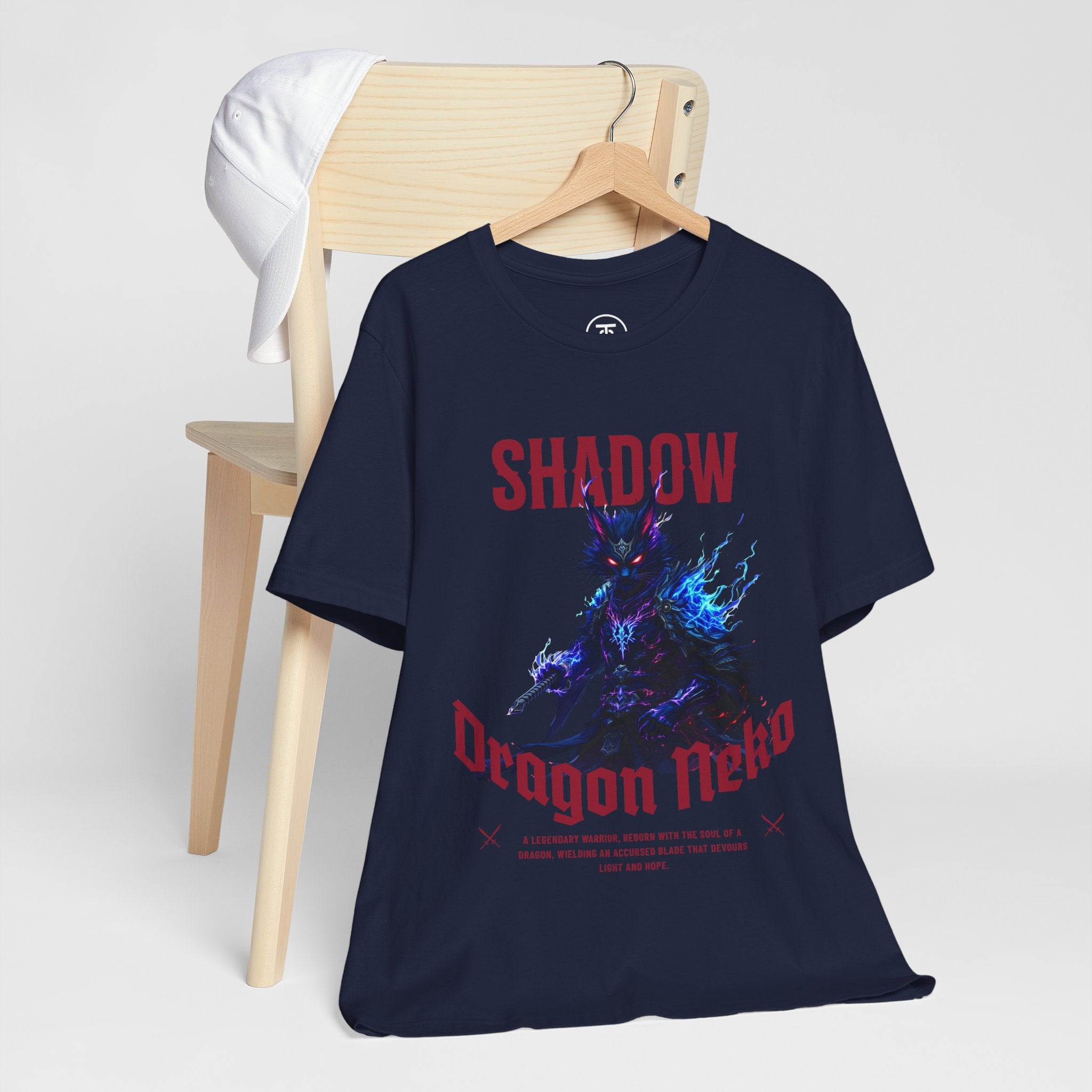 Samurai Warrior Graphic Tee with red and blue fire effects and bold fantasy lettering.