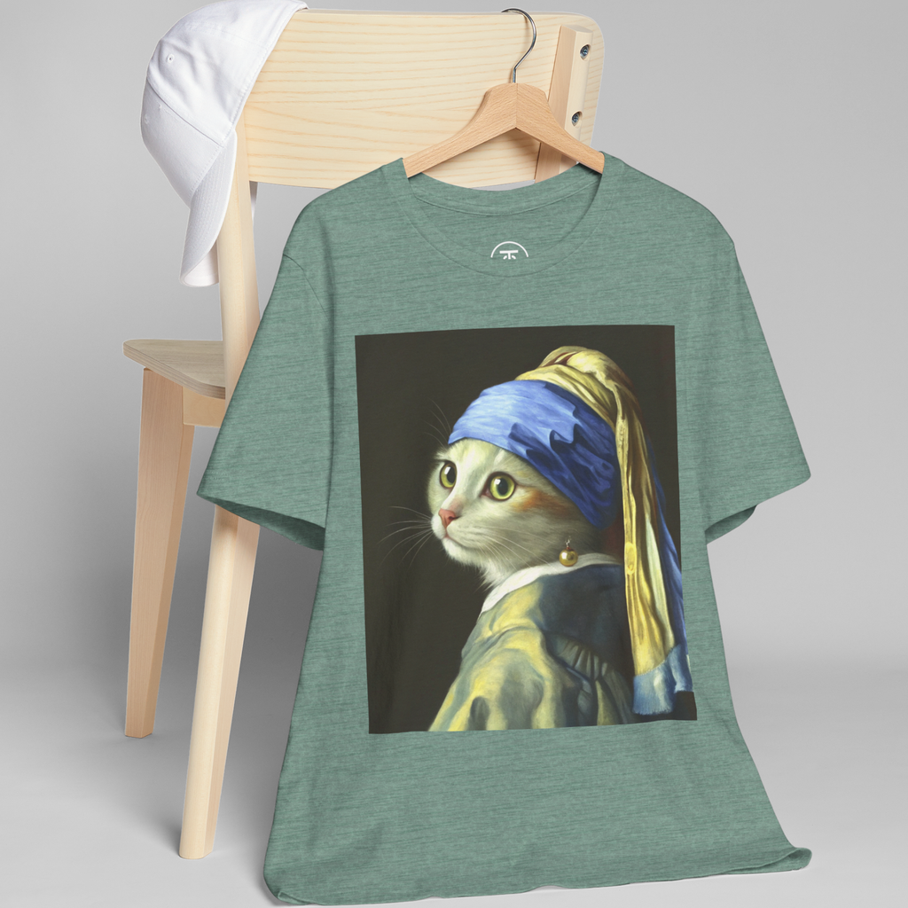	Mona Lisa Cat Parody style graphic on a comfortable cotton Unisex T-Shirt.