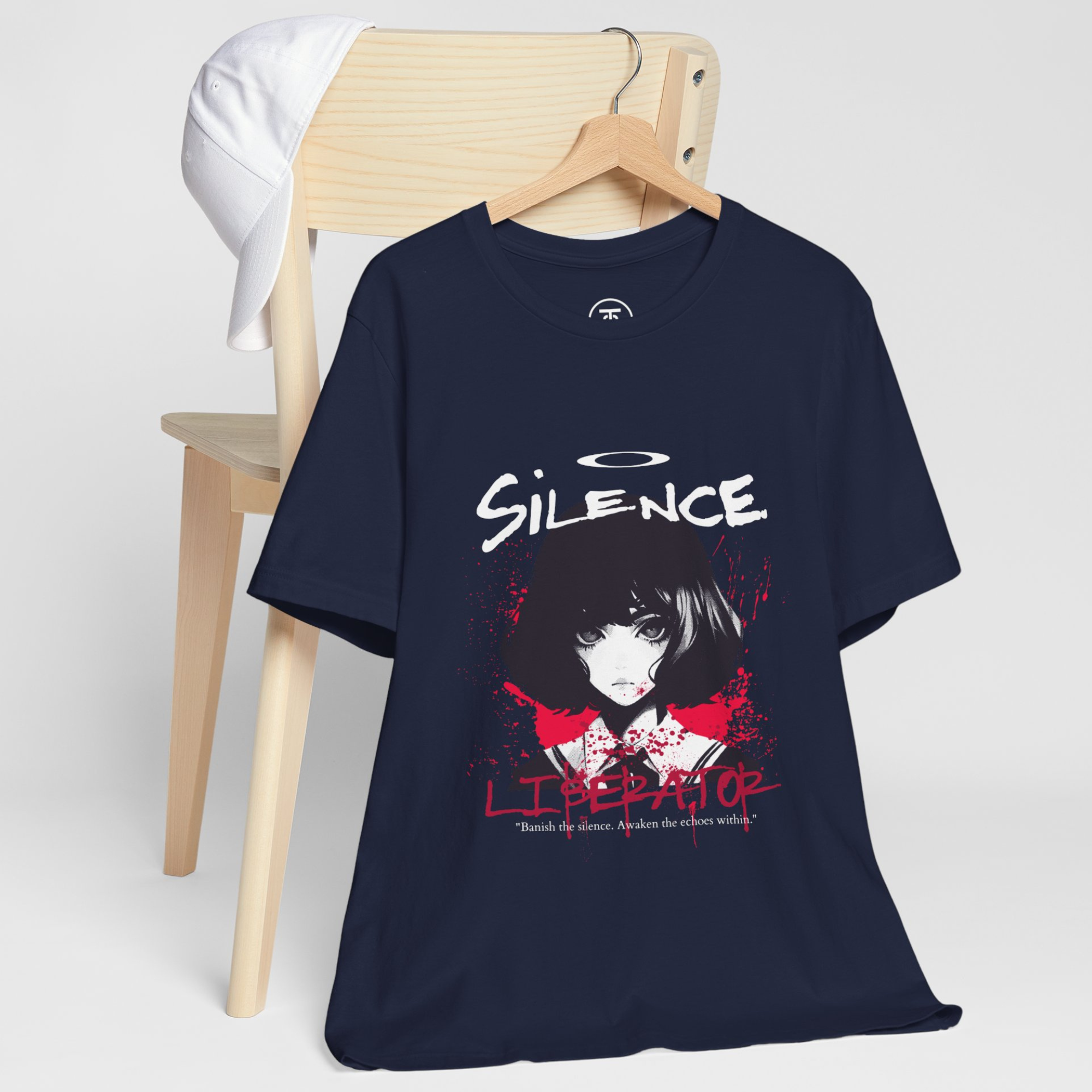 High-quality photo of the Gothic Anime Graphic Tee with the "Liberator" text in red.hangs on a chair.