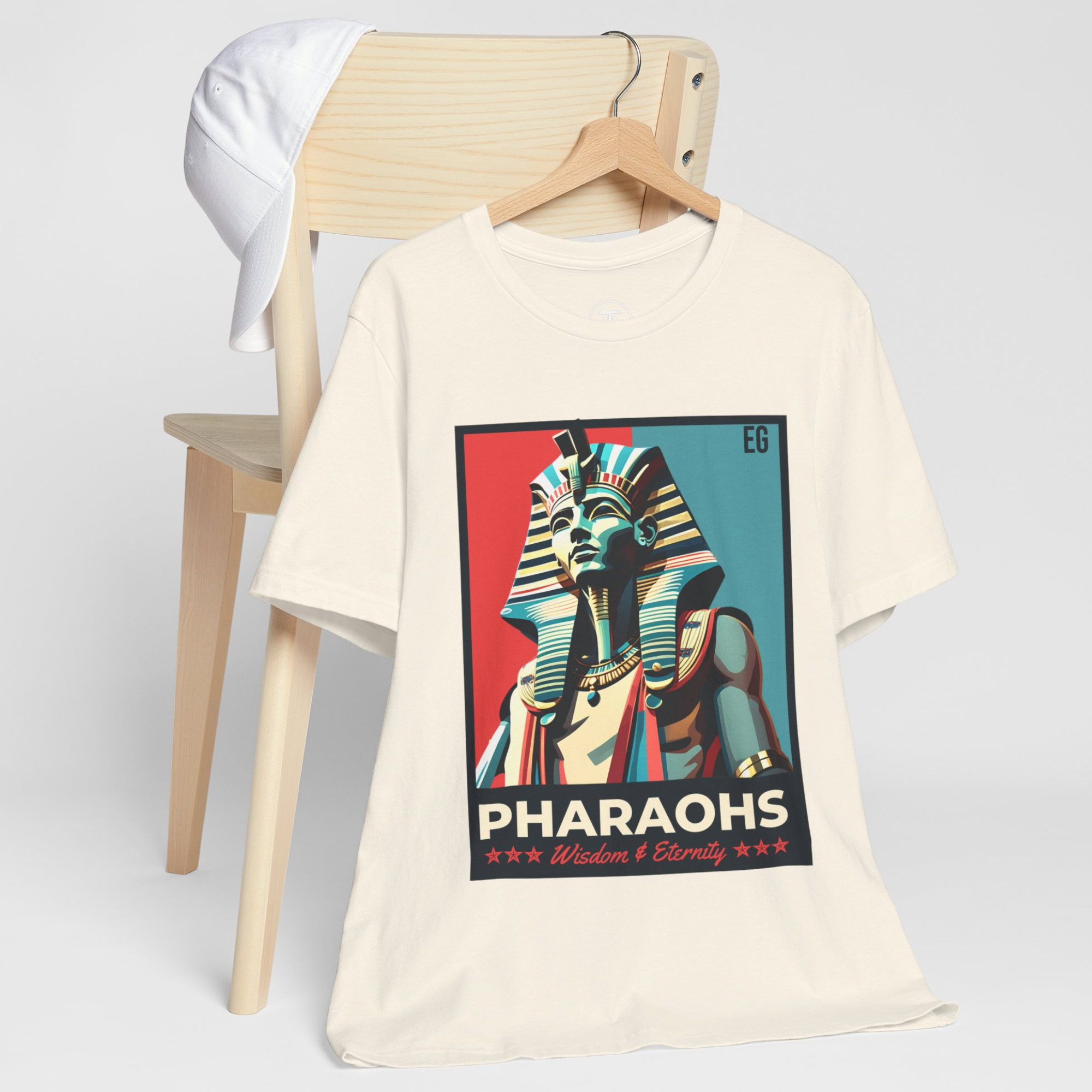 Historical Apparel with Egyptian mythology theme and stylized King Tut illustration.