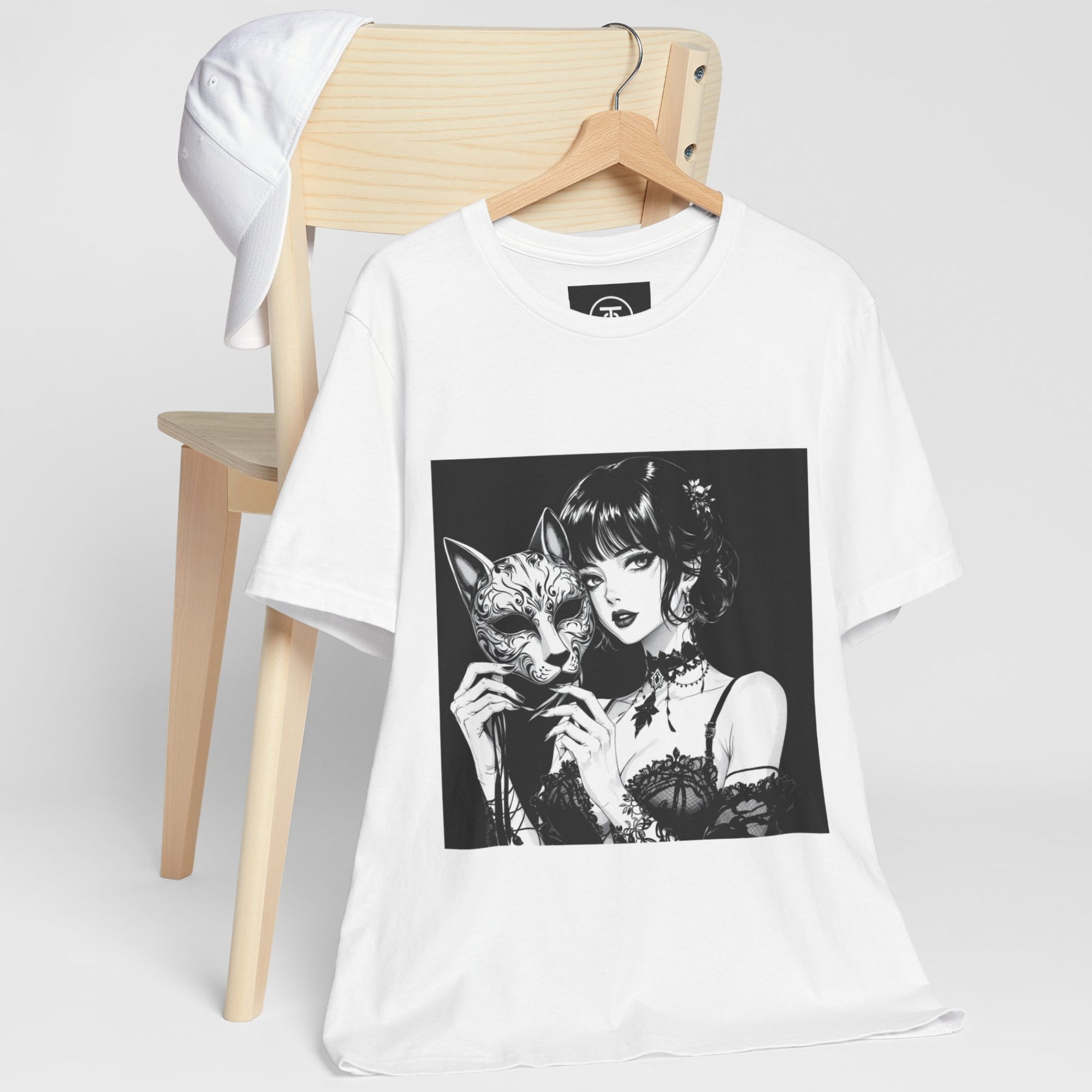 Manga Style T-shirt Goth Core aesthetic with black lace detail and dark hair.