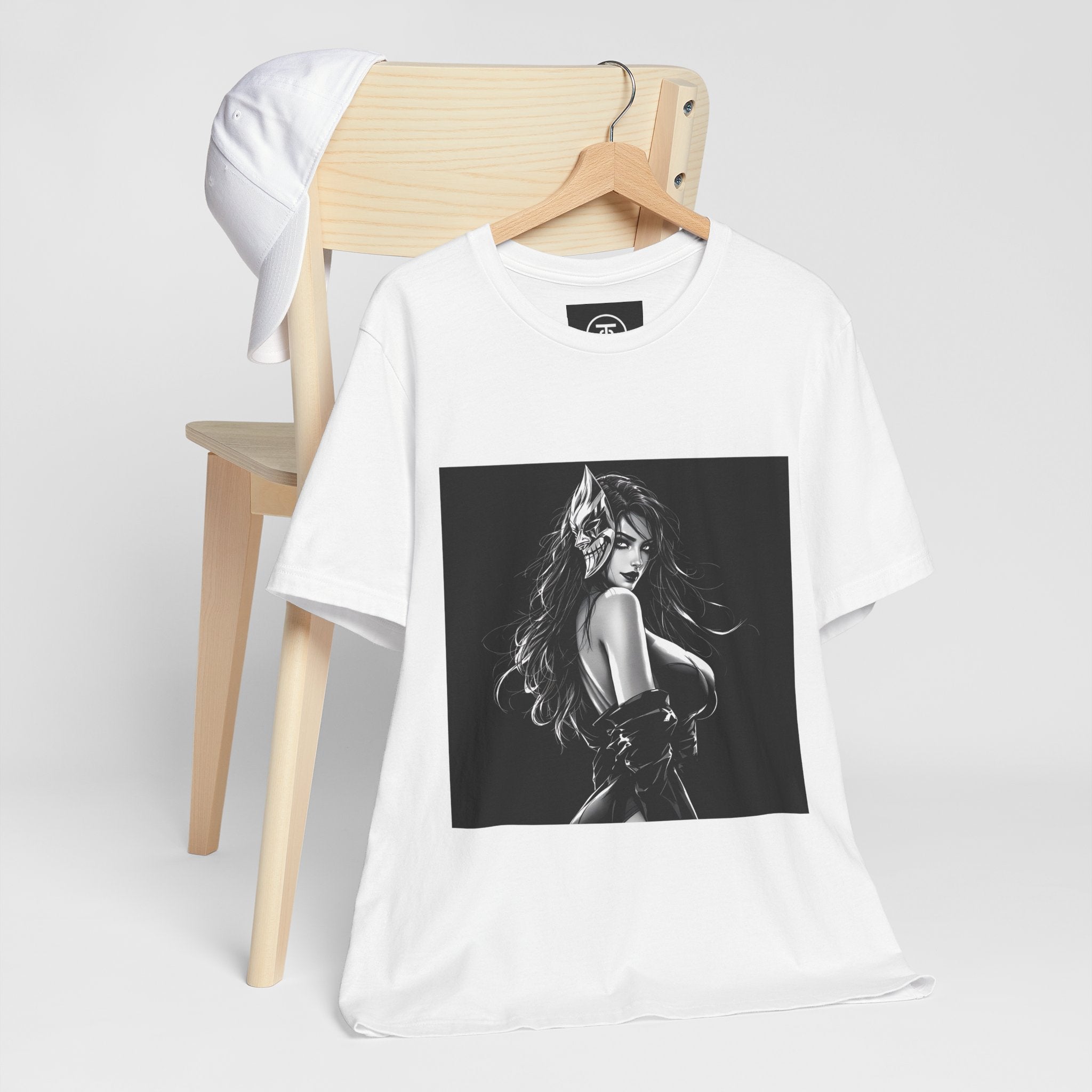 Gothic Oni mask t-shirt by Ironchain19 featuring a dark anime girl illustration, ideal for gothic aesthetic and alternative clothing fans.