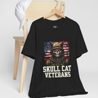 "Skull Cat Veterans shirt, gothic cat soldier design with glowing red eyes – unisex Bella+Canvas 3001 patriotic graphic tee."