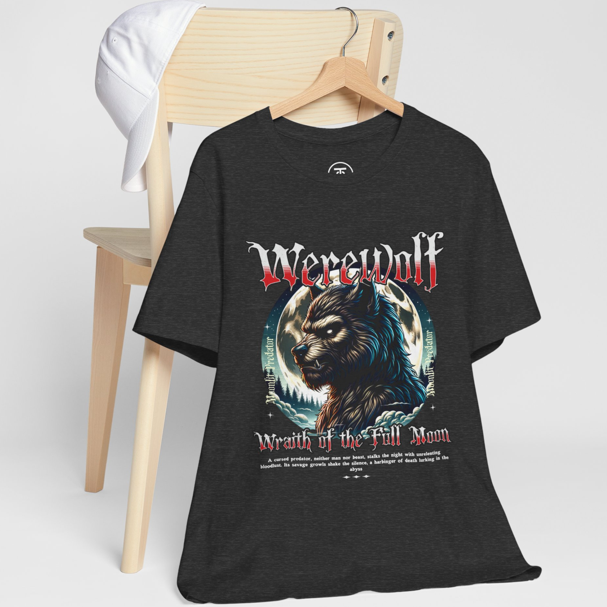 High-quality print of a cursed predator werewolf with surrounding gothic text.