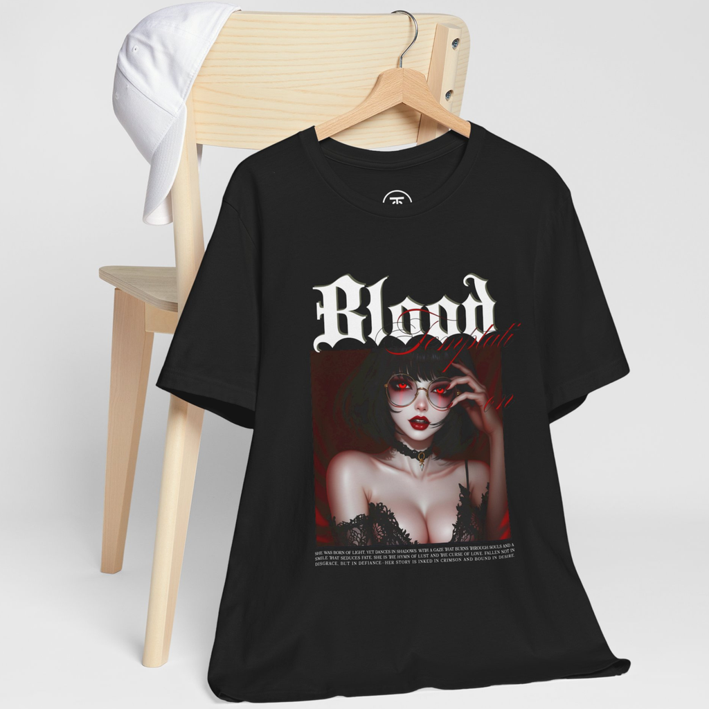 Close view of the Vampire Girl’s hand and red painted nails on the Blood Captivate design.