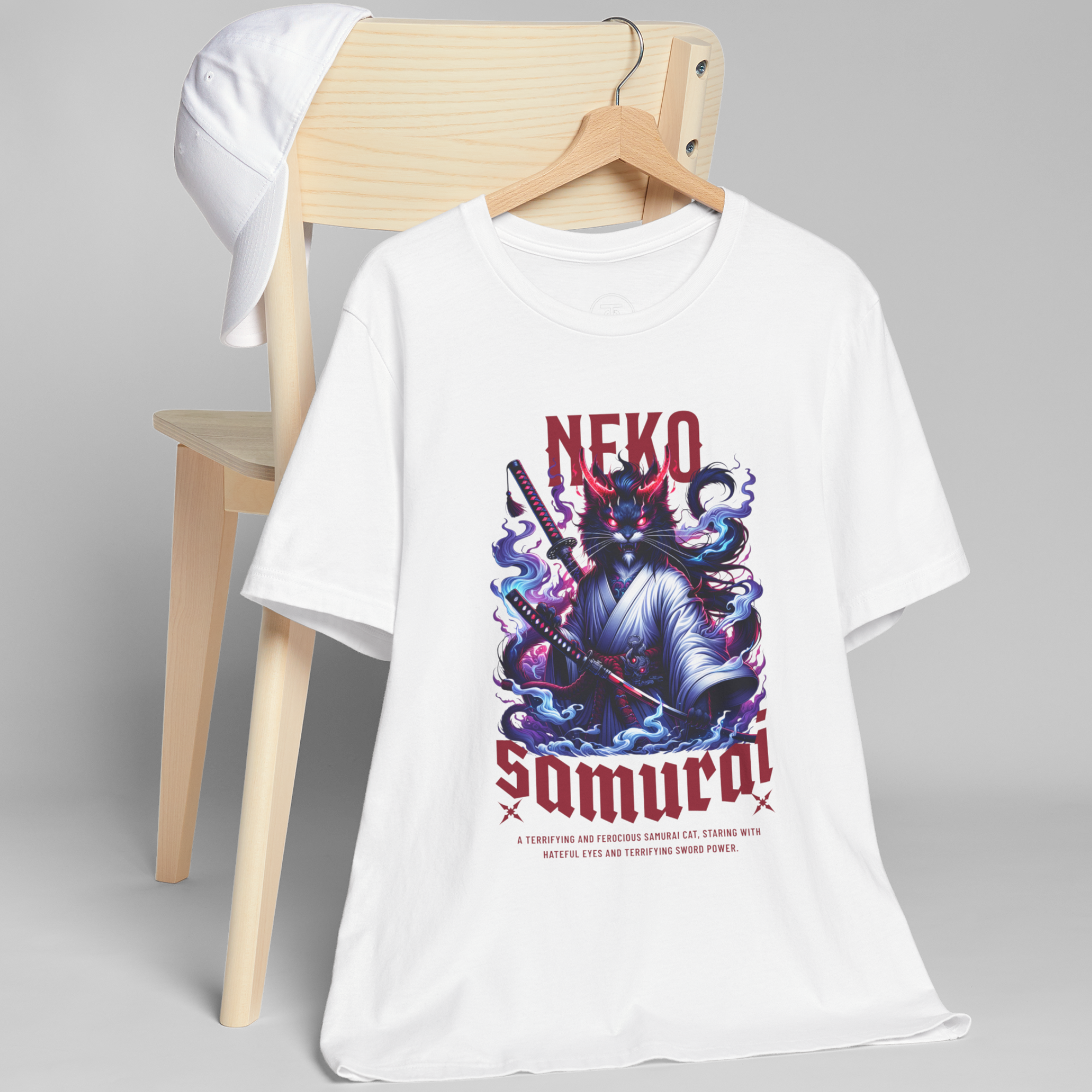 "Anime-inspired Neko Samurai T-Shirt with sword and glowing eyes graphic art"