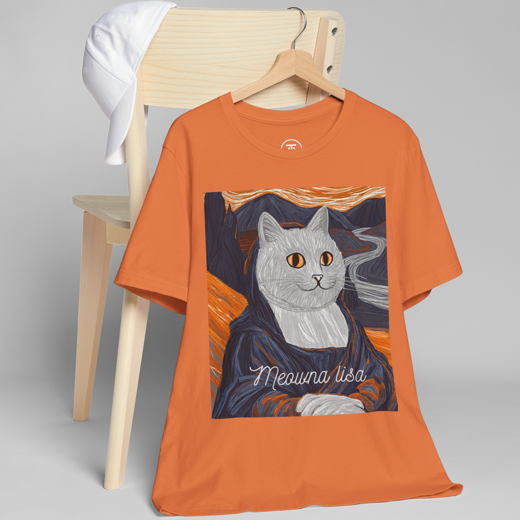 Quirky cat parody t-shirt with Meowna Lisa design, great for casual outfits and funny cat gifts.