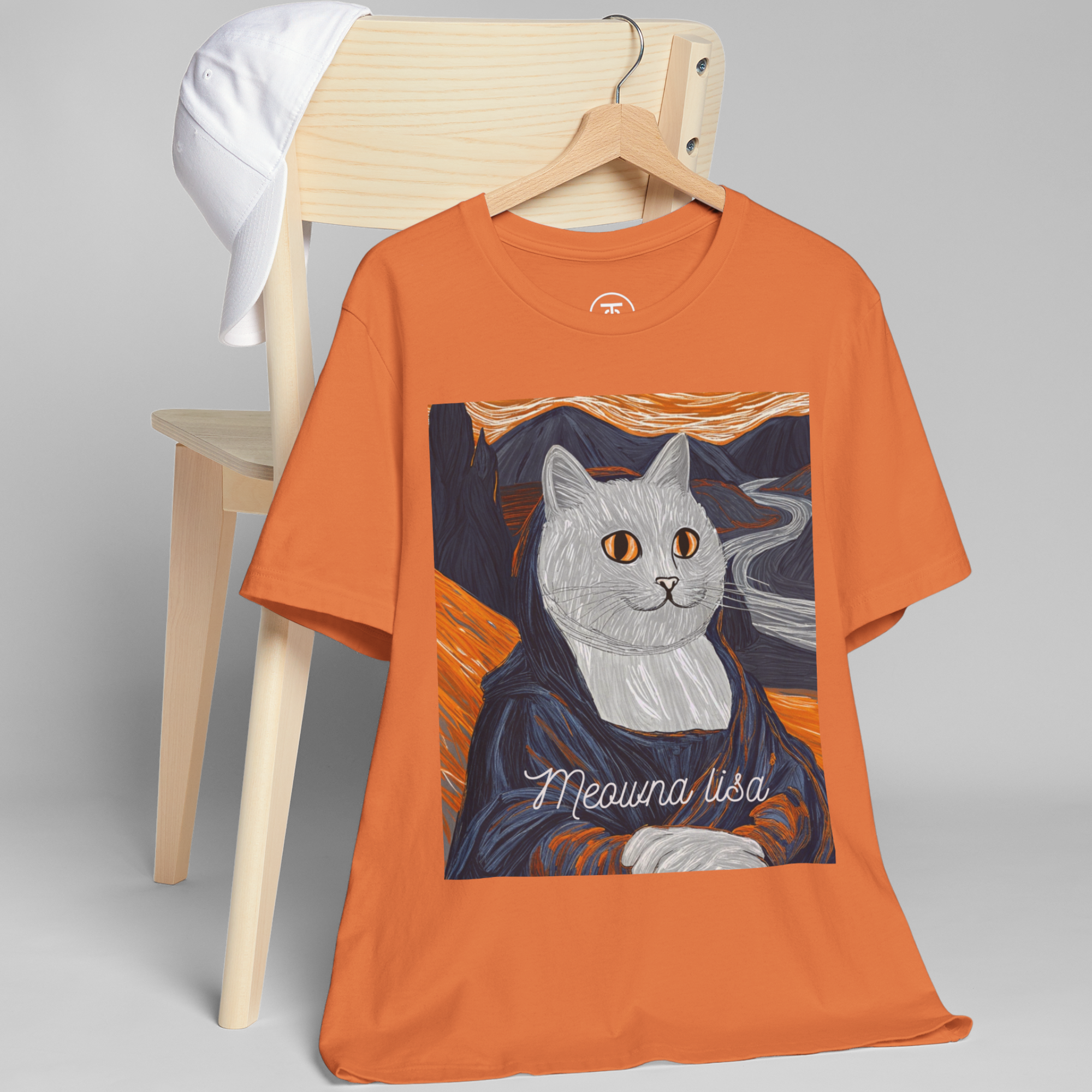 Quirky cat parody t-shirt with Meowna Lisa design, great for casual outfits and funny cat gifts.