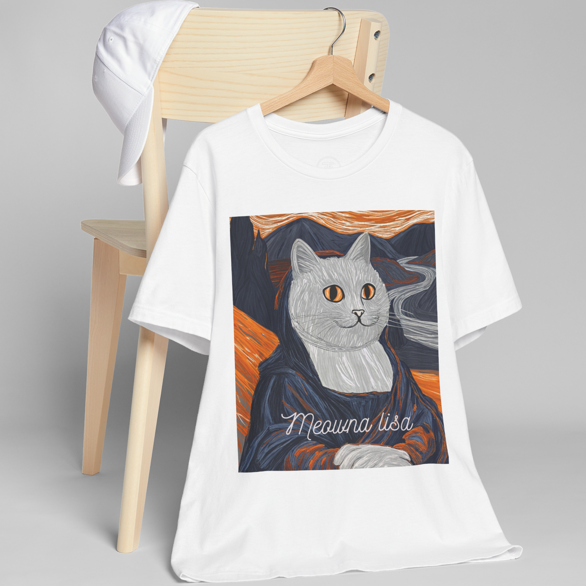 Parody cat tee with Meowna Lisa artwork, combining art history and cat humor for unique fashion style.
