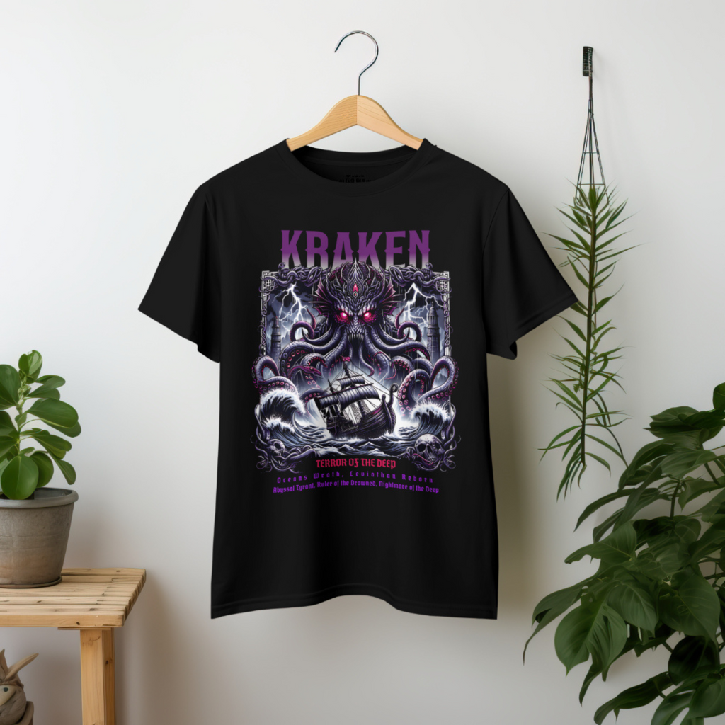 Kraken T-Shirt Terror of the Deep Nautical Monster Graphic Tee with purple tentacles.