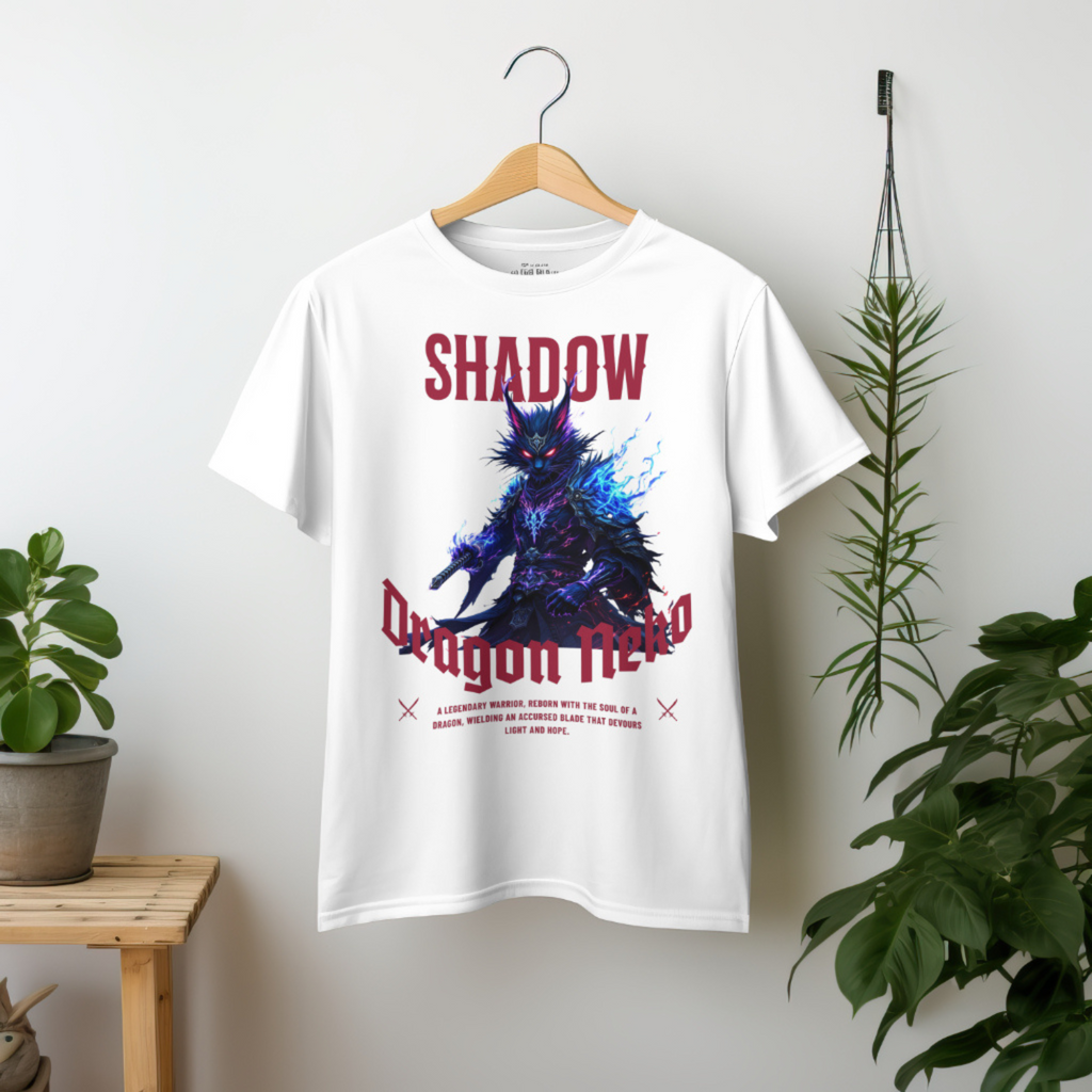 Shadow Dragon Neko Samurai T-Shirt with Japanese Fantasy Warrior graphic and red text.