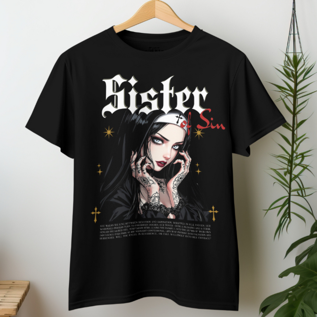 Sister of Sin Gothic Nun T-Shirt with Occult Horror graphic and Alt Fashion appeal.