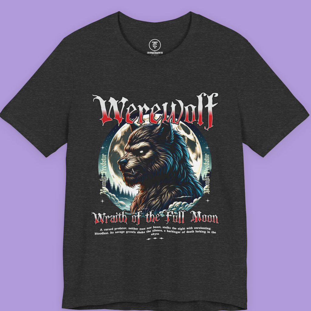 Werewolf T-Shirt Wrath of the Full Moon Gothic Monster Graphic Tee with purple accents.