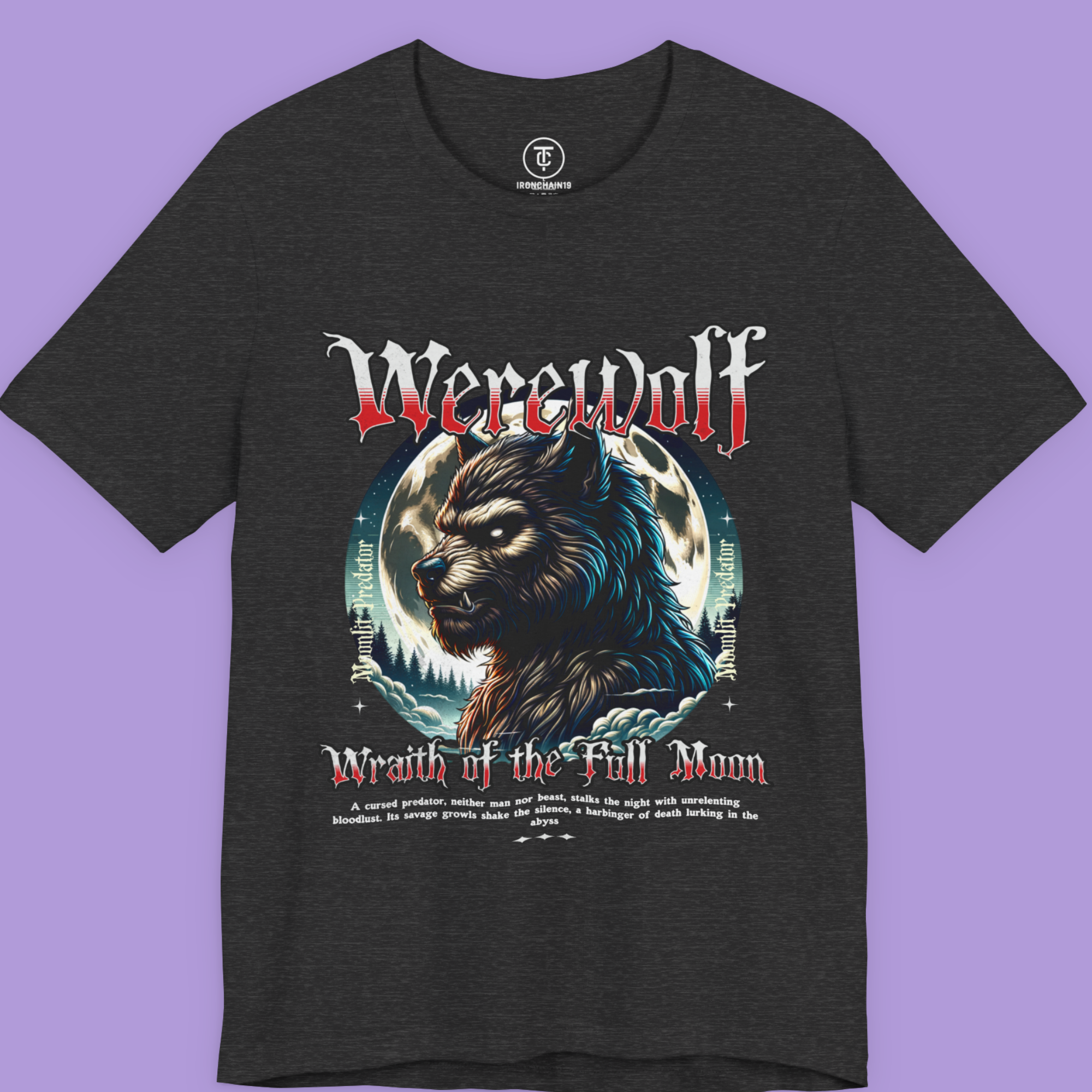 Werewolf T-Shirt Wrath of the Full Moon Gothic Monster Graphic Tee with purple accents.