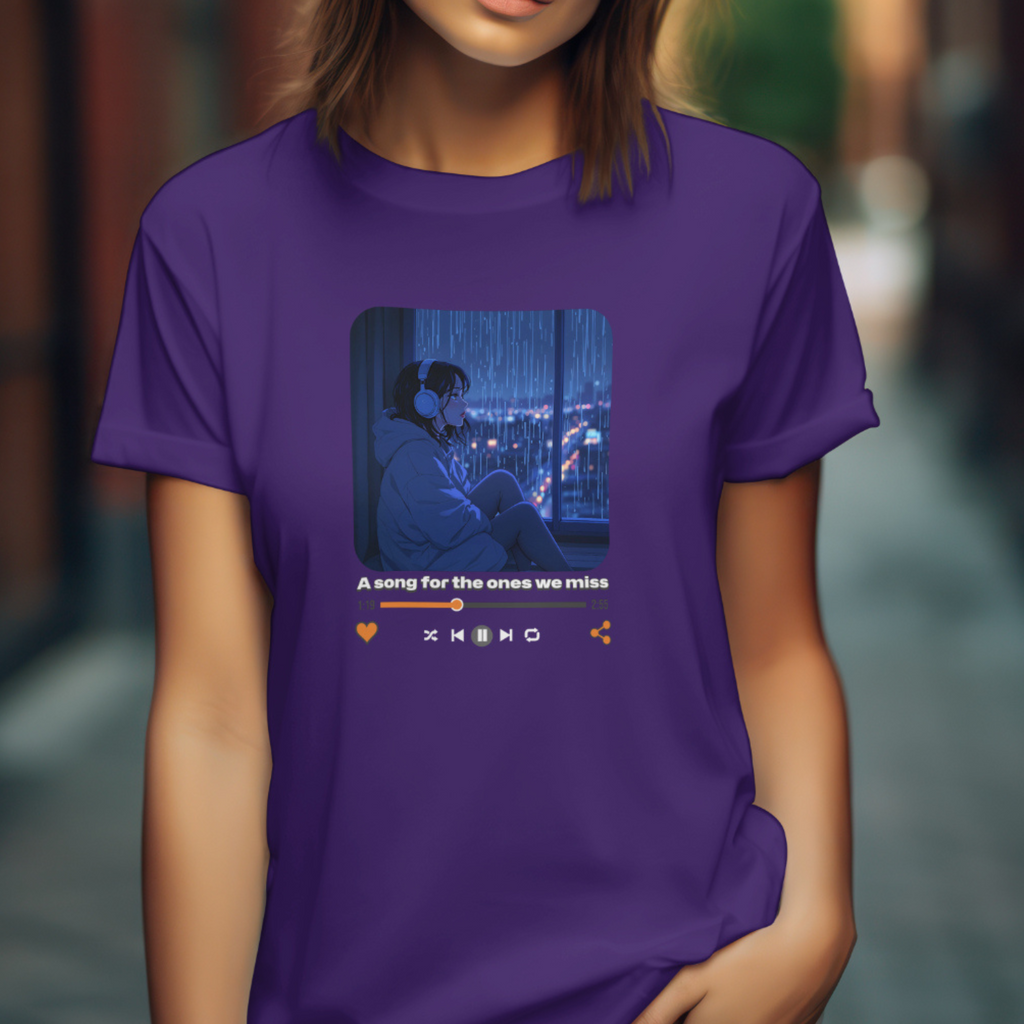 "Purple Bella+Canvas 3001 lo-fi anime shirt with girl sitting by window listening to music in neon rainy night scene"