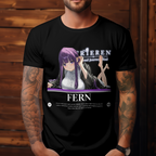 Purple-haired Fern from Beyond Journey’s End reclines with lifted feet and delicate fingers in her hair, printed in high contrast on this shirt.