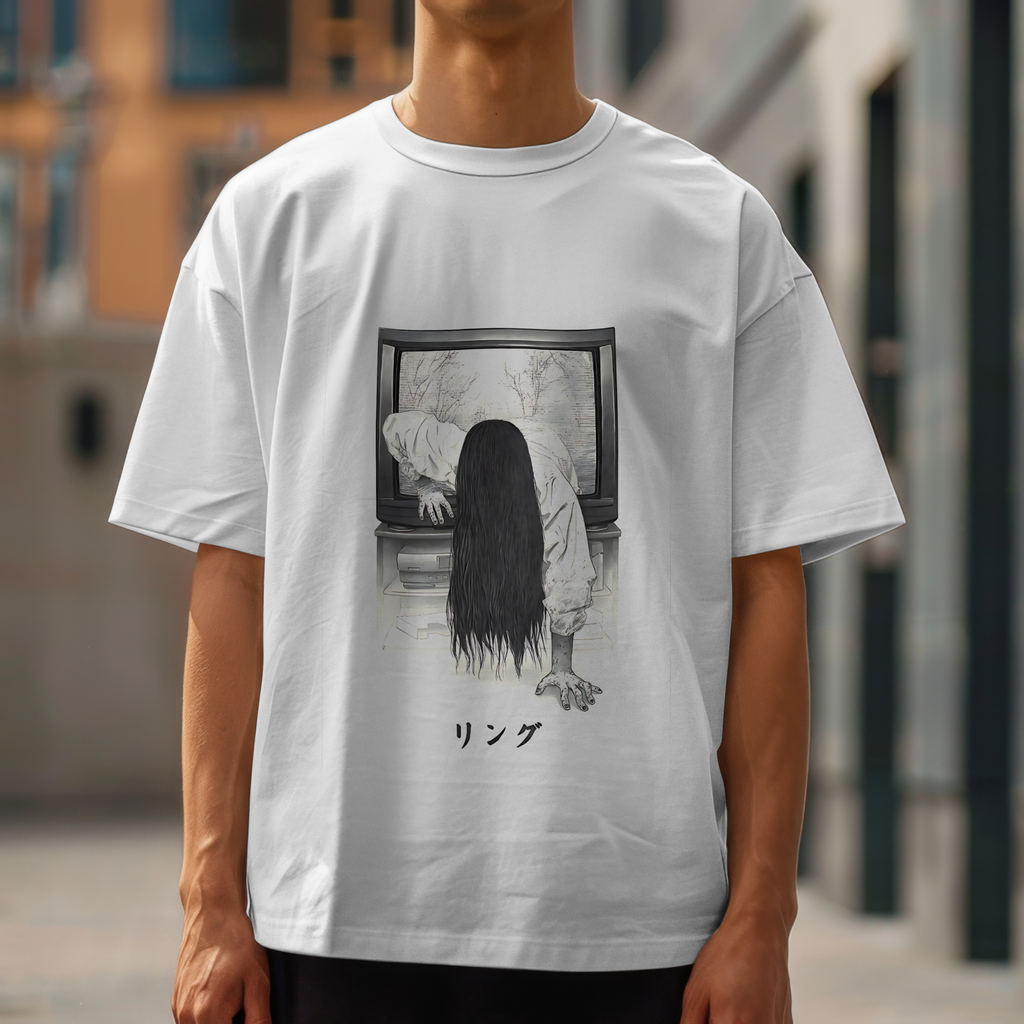 "Creepy Japanese horror shirt with Sadako from Ringu – unique scary movie graphic tee"
