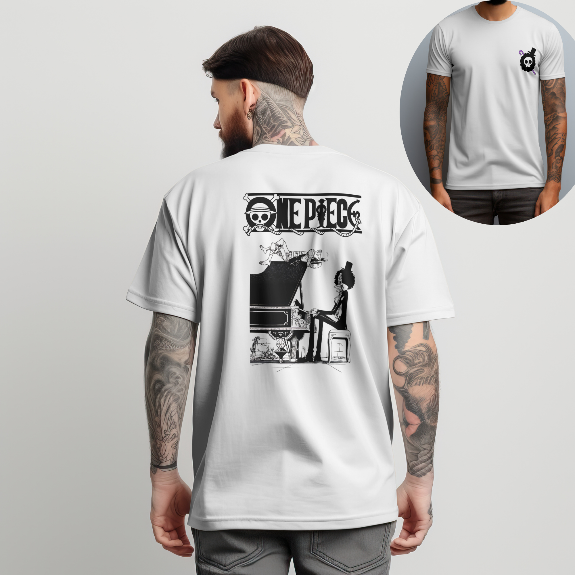 "One Piece Brook piano t-shirt in black and white anime design for fans"