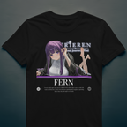 Magical girl Fern from Frieren is seen resting with bare feet raised, in a fantasy-themed pose captured on this anime-inspired tee.