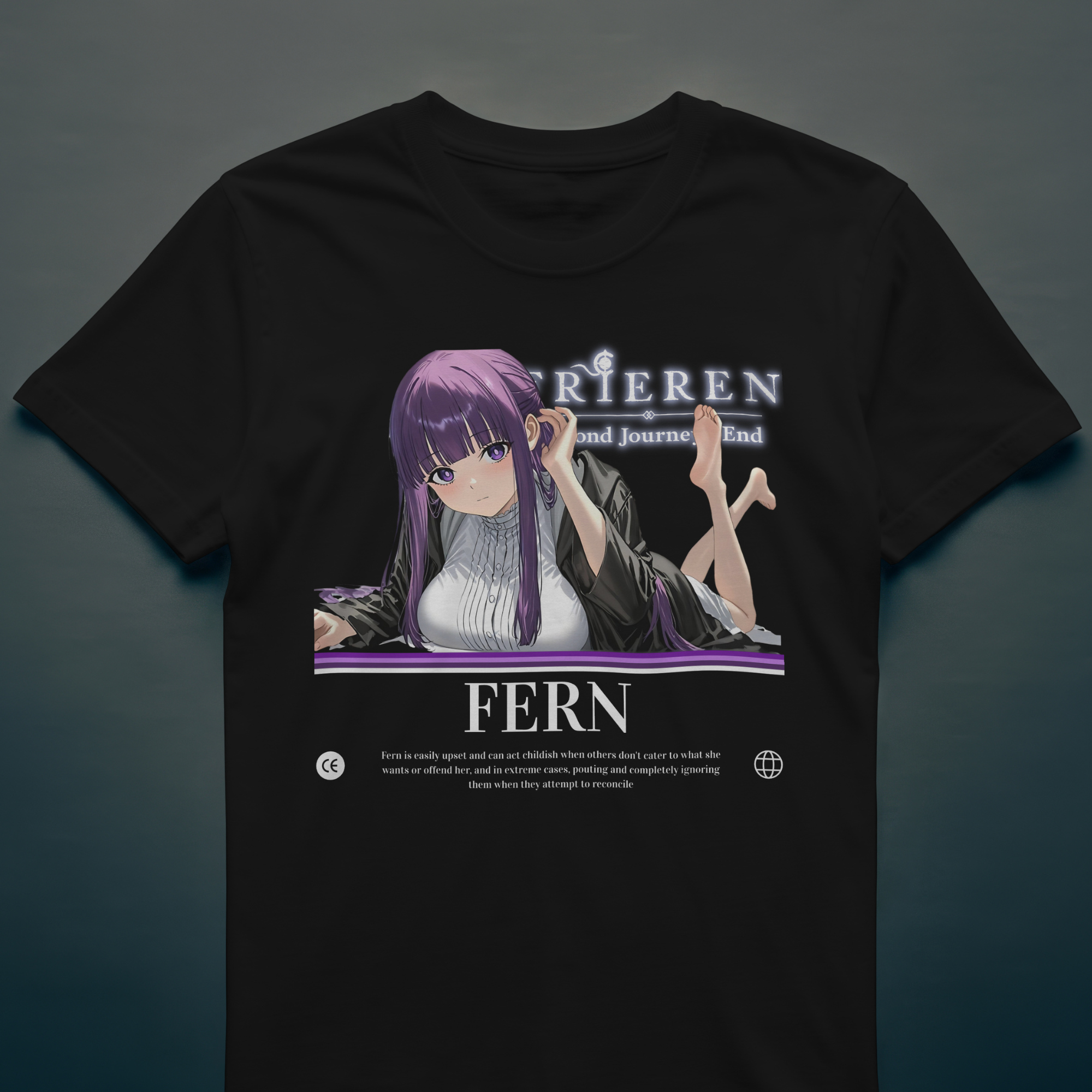 Magical girl Fern from Frieren is seen resting with bare feet raised, in a fantasy-themed pose captured on this anime-inspired tee.