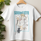 Soul Eater anime T-shirt featuring Maka Albarn and Soul Evans in minimalist manga design on white tee.