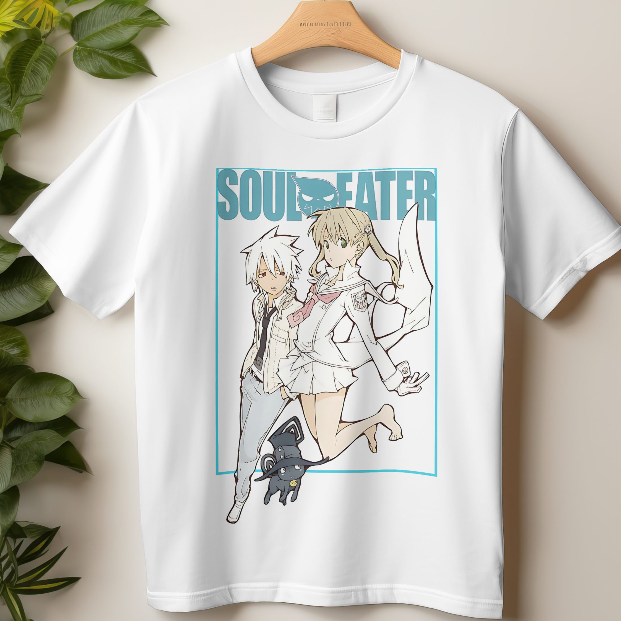 Soul Eater anime T-shirt featuring Maka Albarn and Soul Evans in minimalist manga design on white tee.