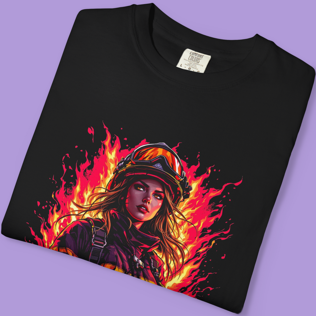 Strong female firefighter shirt with rescue graphic and flame illustration.