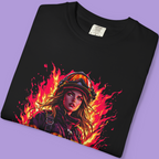 Strong female firefighter shirt with rescue graphic and flame illustration.